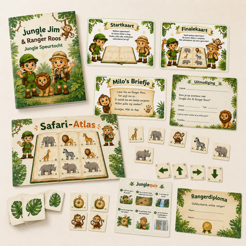 Compleet pakket van de Jungle speurtocht met presentatie, printkit en draaiboek.