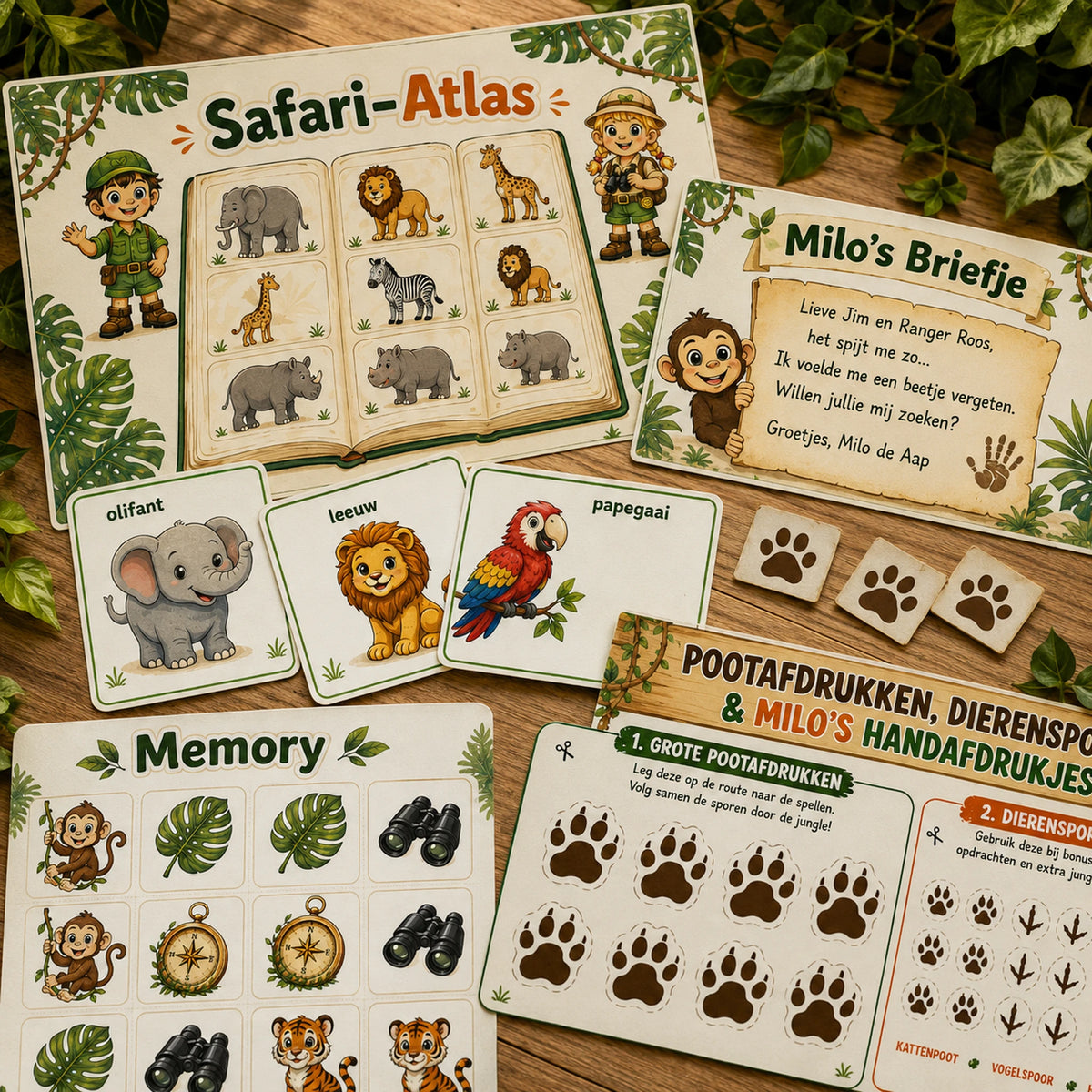 Printkit van de Jungle speurtocht met printbare spelmaterialen.