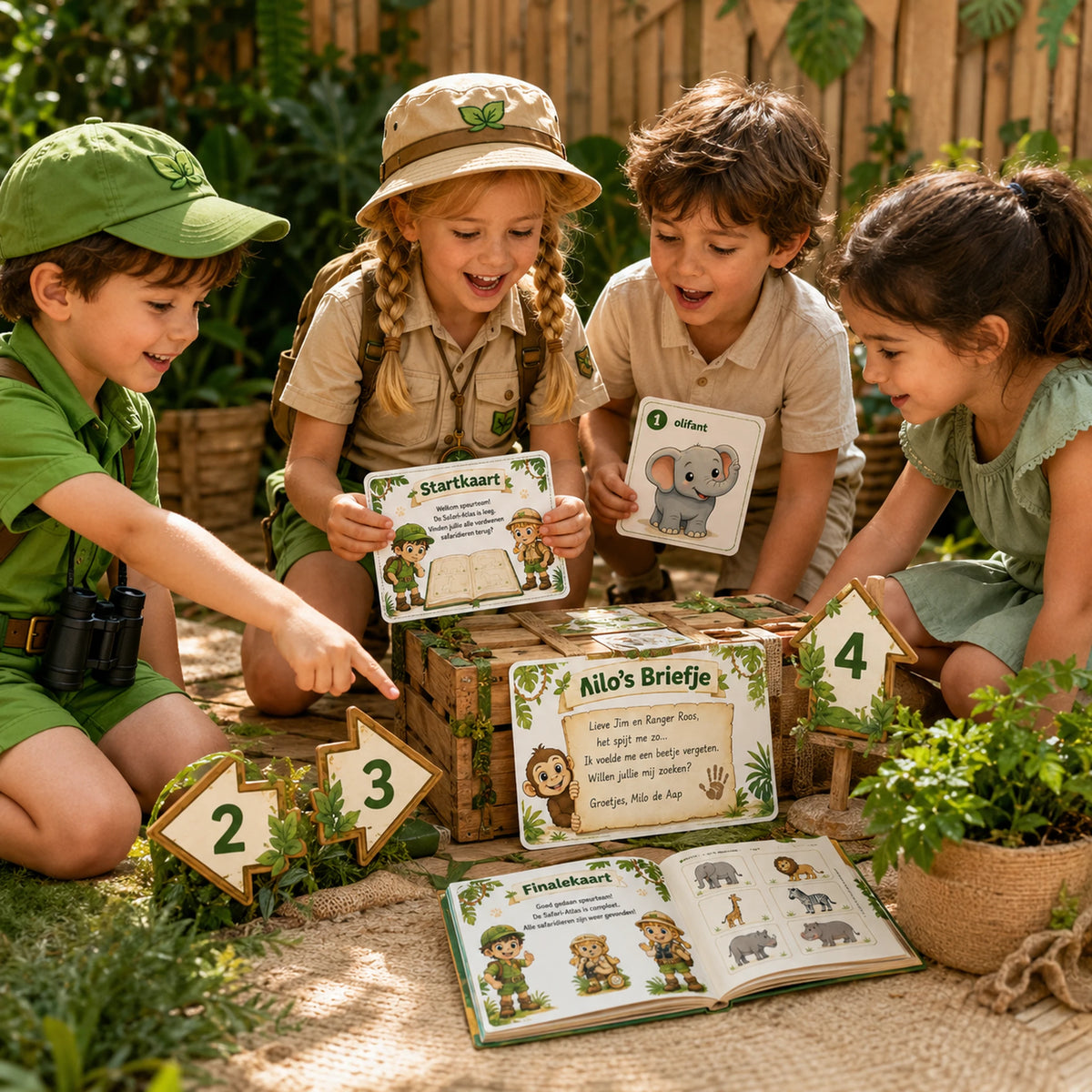 Kinderen spelen de speurtocht uit de Jungle kinderfeestje bundel.