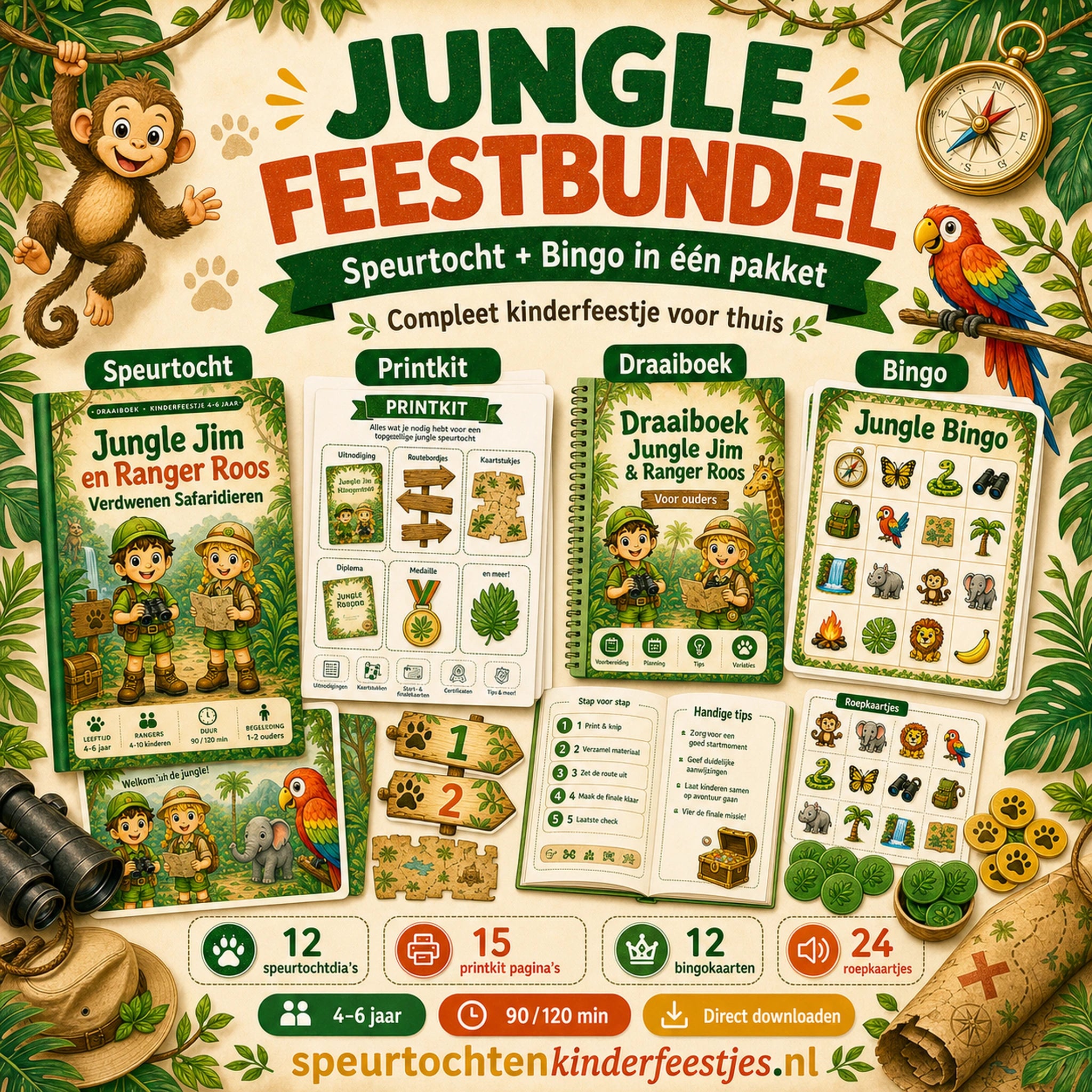 Mockup van de Jungle feestbundel met speurtocht, printkit, draaiboek en bingo