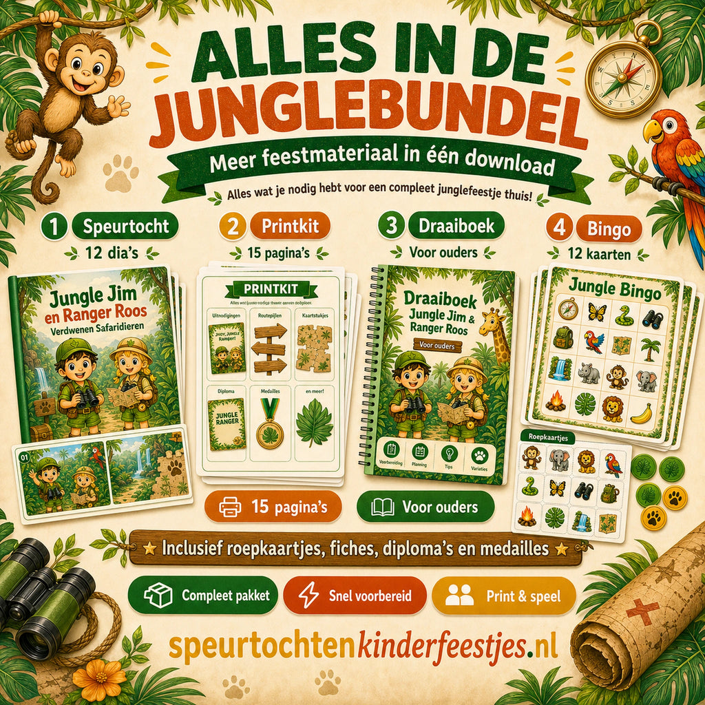 Overzicht van de Jungle bundel met speurtocht, printkit, draaiboek, bingo en extra feestmateriaal