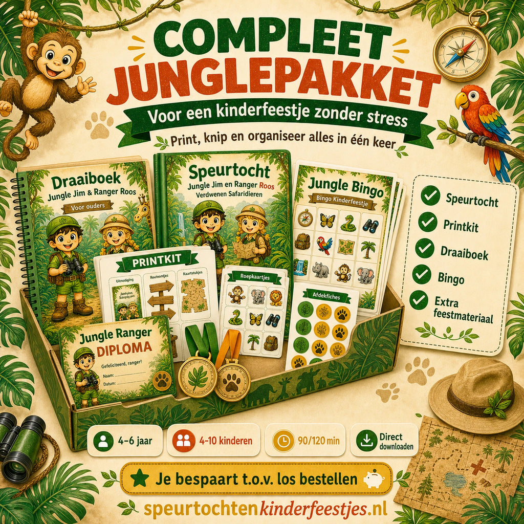 Compleet Jungle pakket met speurtocht, printkit, draaiboek, bingo en extra feestmateriaal