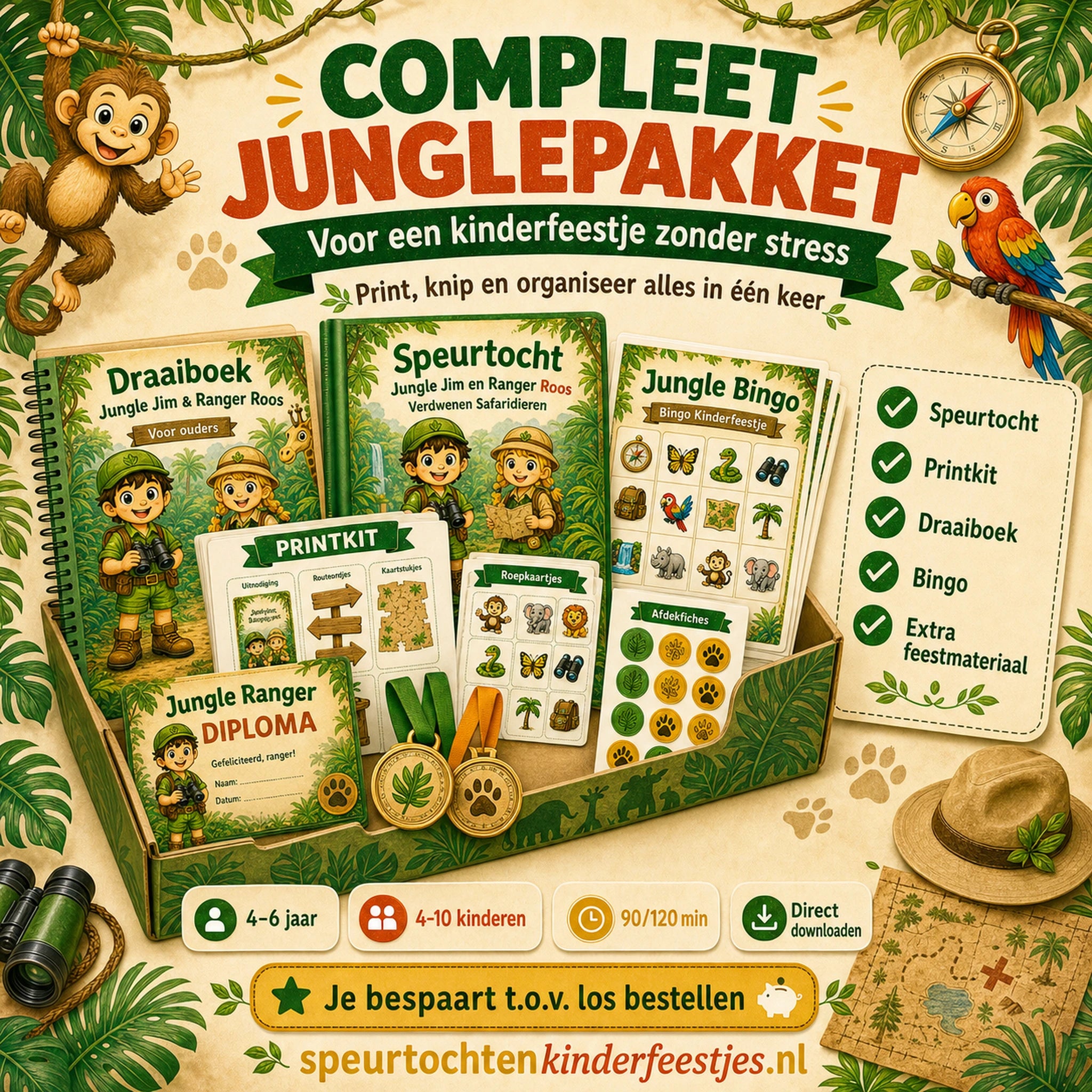 Compleet Jungle pakket met speurtocht, printkit, draaiboek, bingo en extra feestmateriaal