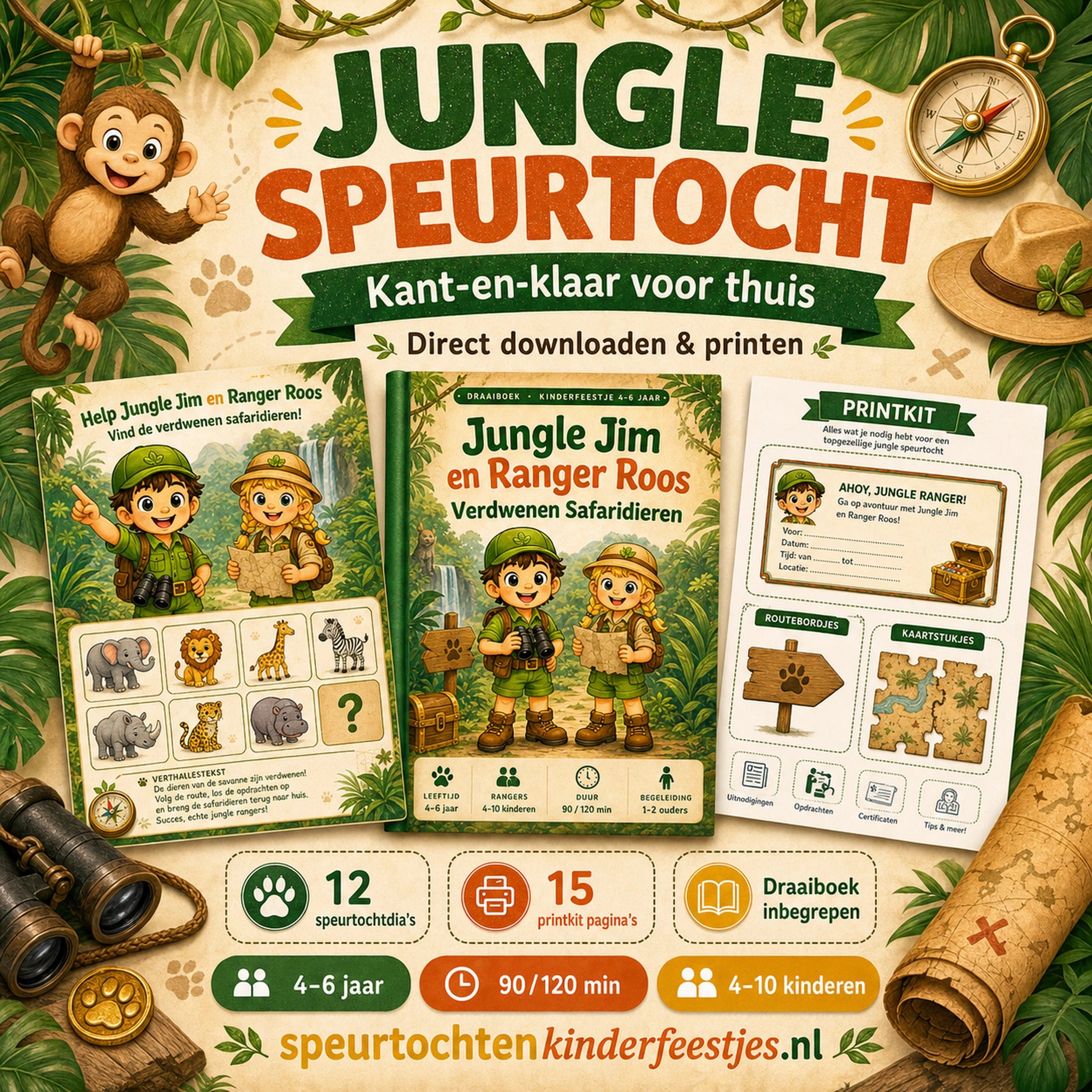 Mockup van de Jungle speurtocht met speurtocht, printkit en draaiboek voor een kinderfeestje thuis