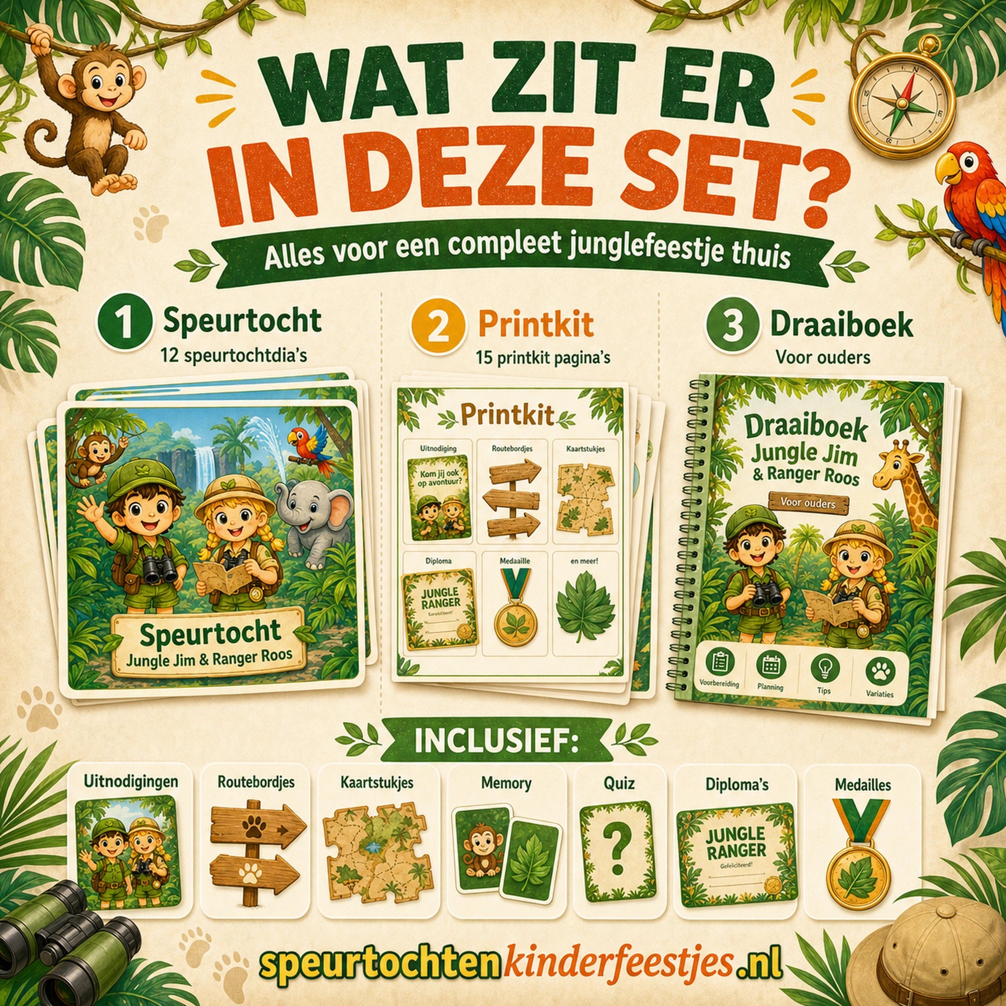 Overzicht van de Jungle speurtocht set met speurtochtdia's, printkit en draaiboek