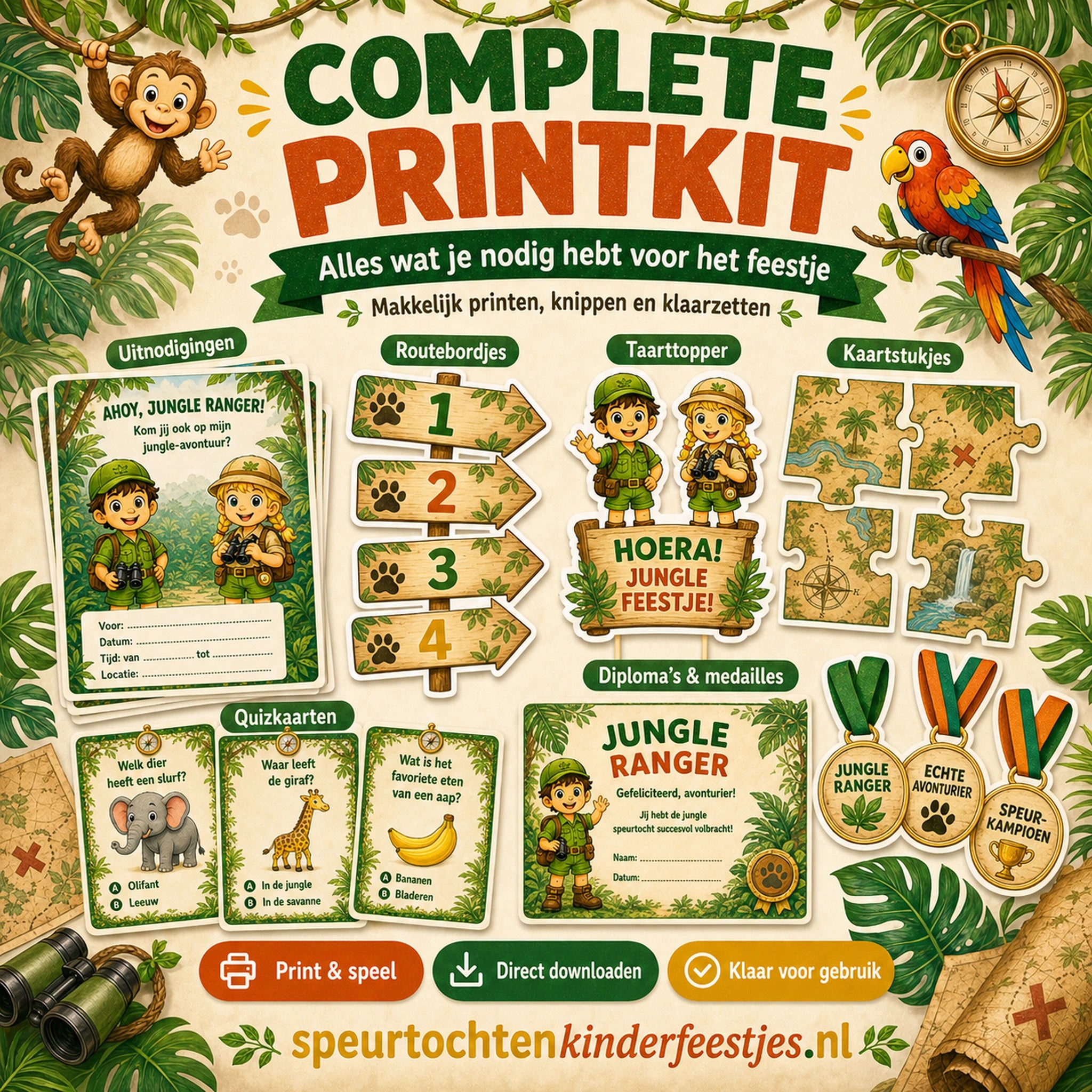 Jungle printkit met uitnodigingen, spelmateriaal, diploma en extra onderdelen
