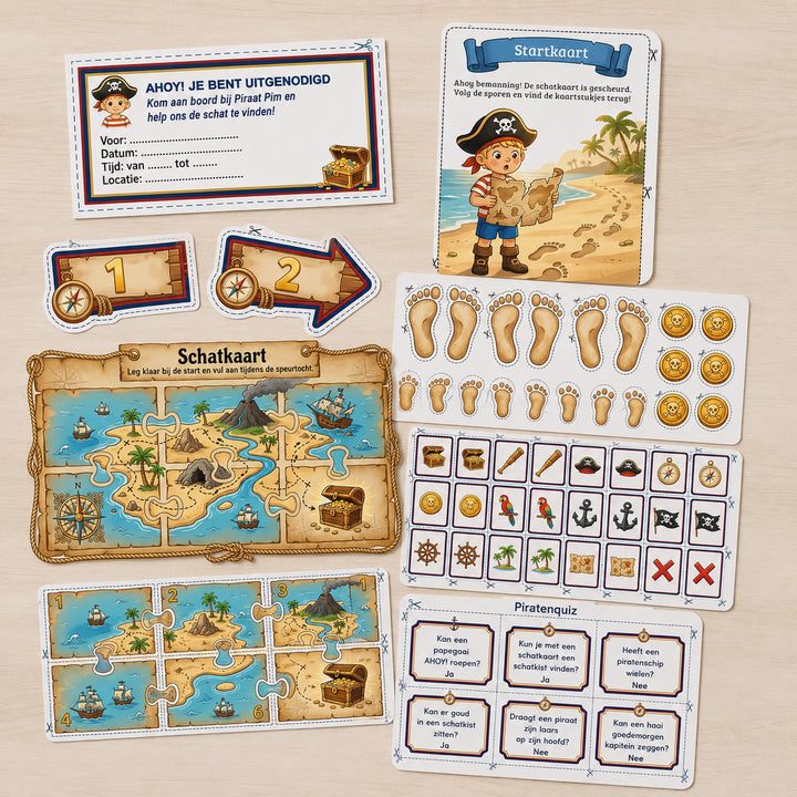 Printkit van de Piraten speurtocht met printbare spelmaterialen.