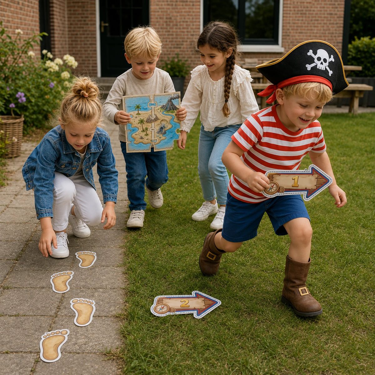 Kinderen spelen de Piraten speurtocht met actieve opdrachten.