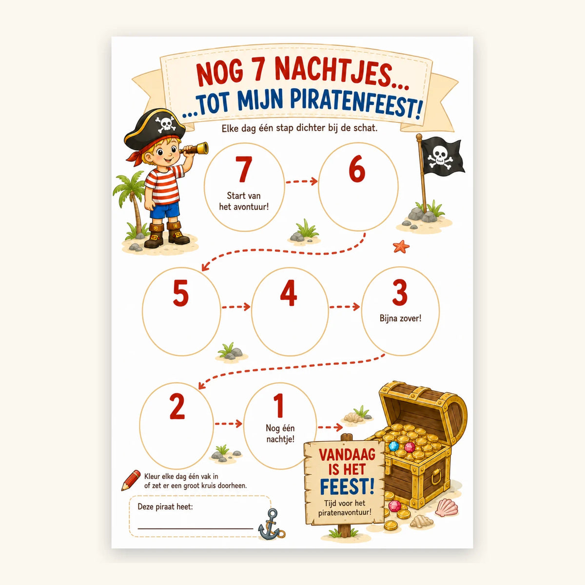 Piraten aftelkalender voor een kinderfeestje - printbare kalender
