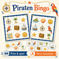 Piraten bingo voor een kinderfeestje met bingokaarten, roepkaartjes en papieren fiches.