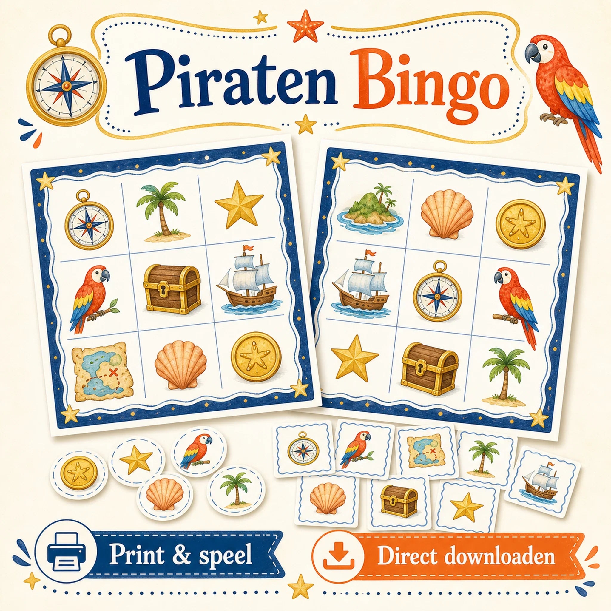 Piraten bingo voor een kinderfeestje met bingokaarten, roepkaartjes en papieren fiches.