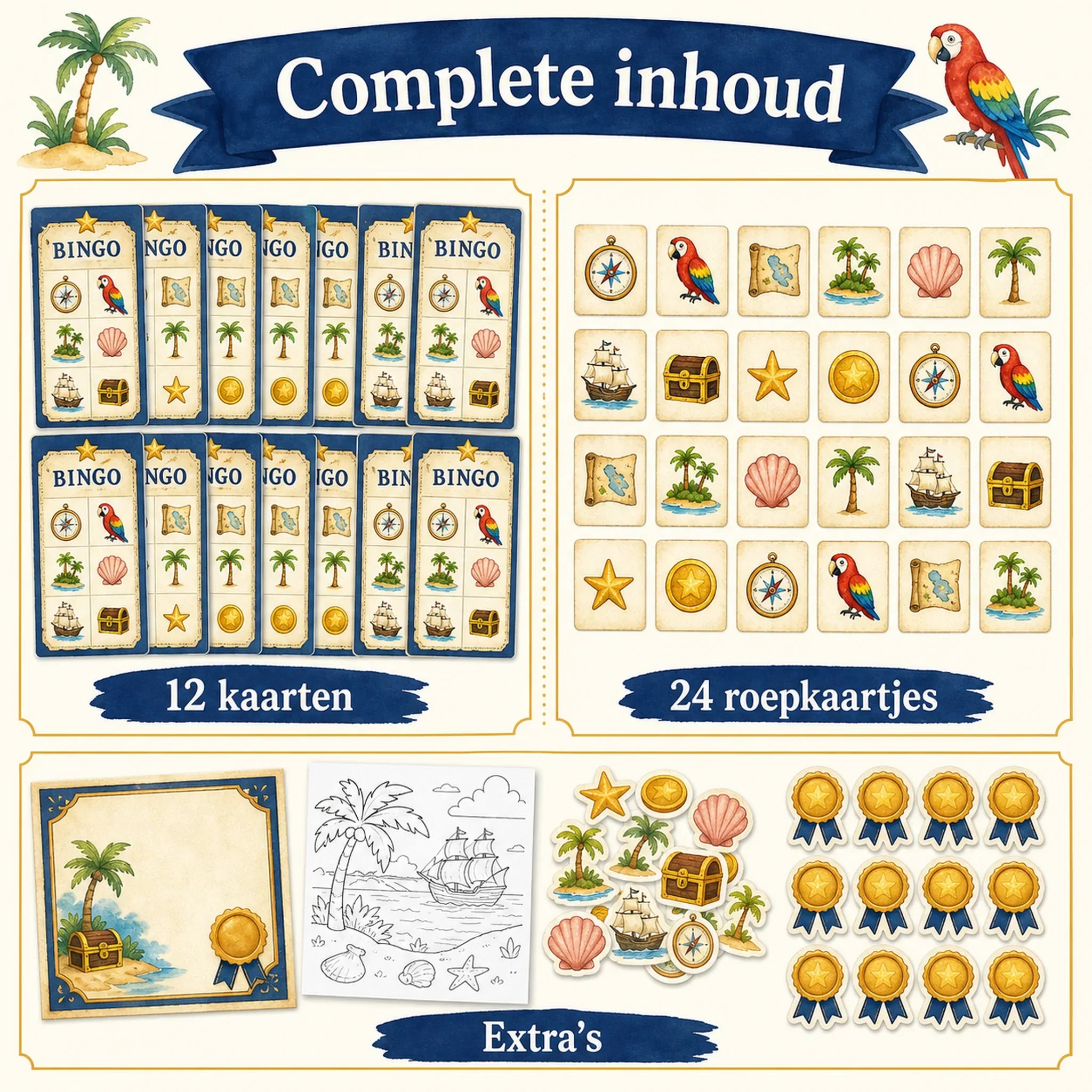 Complete inhoud van de piraten bingo met kaarten, roepkaartjes, fiches en extra's.