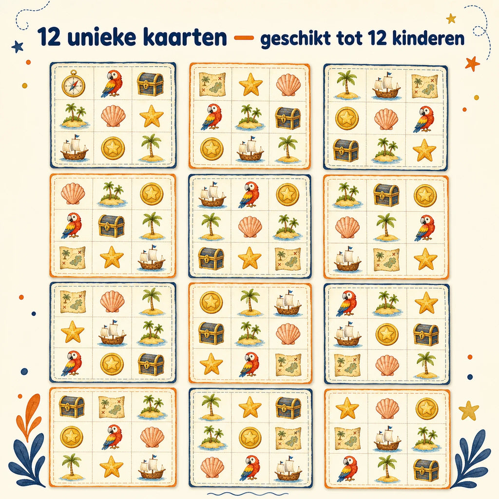 Twaalf unieke piraten bingokaarten voor maximaal twaalf kinderen.