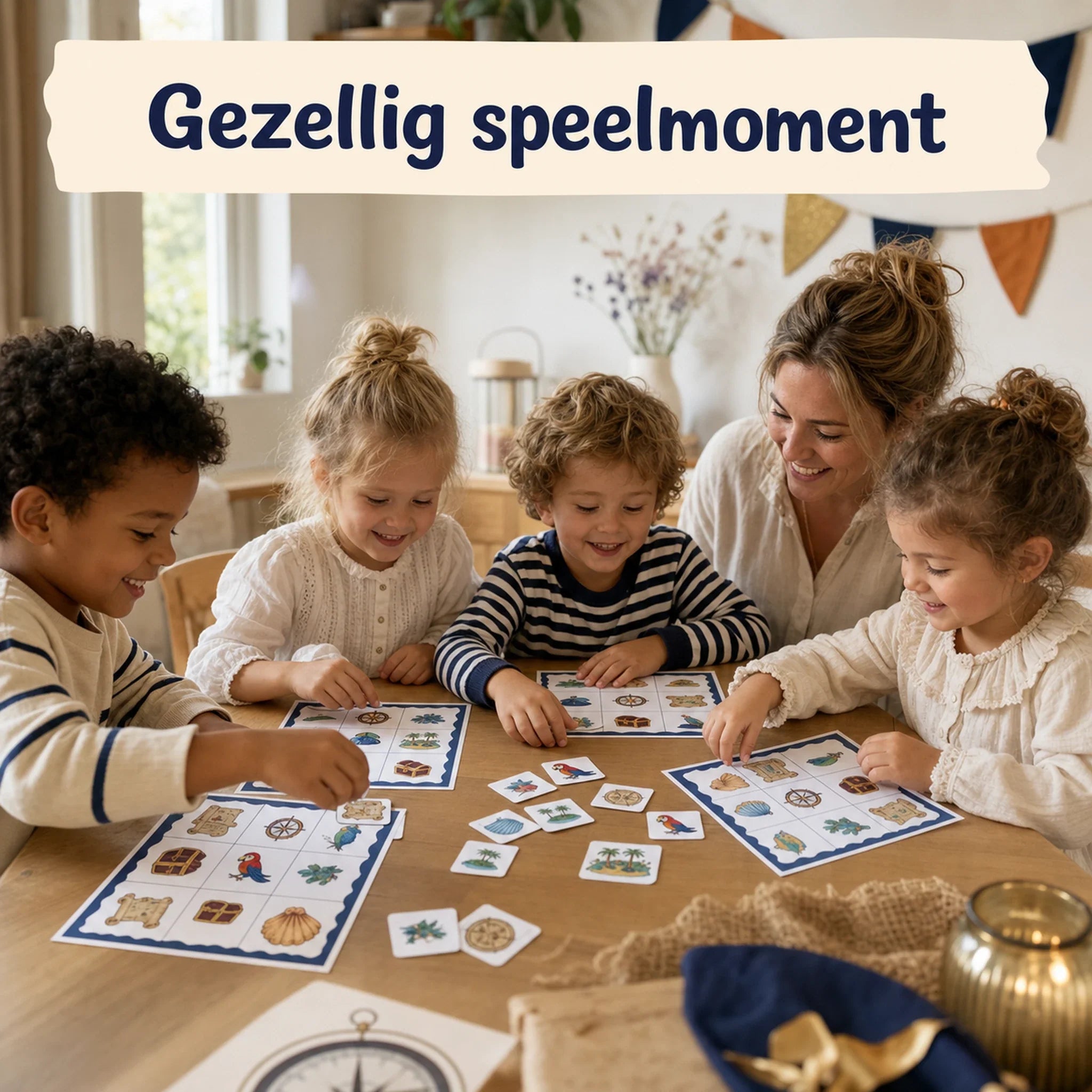 Kinderen spelen piraten bingo aan tafel tijdens een kinderfeestje thuis.