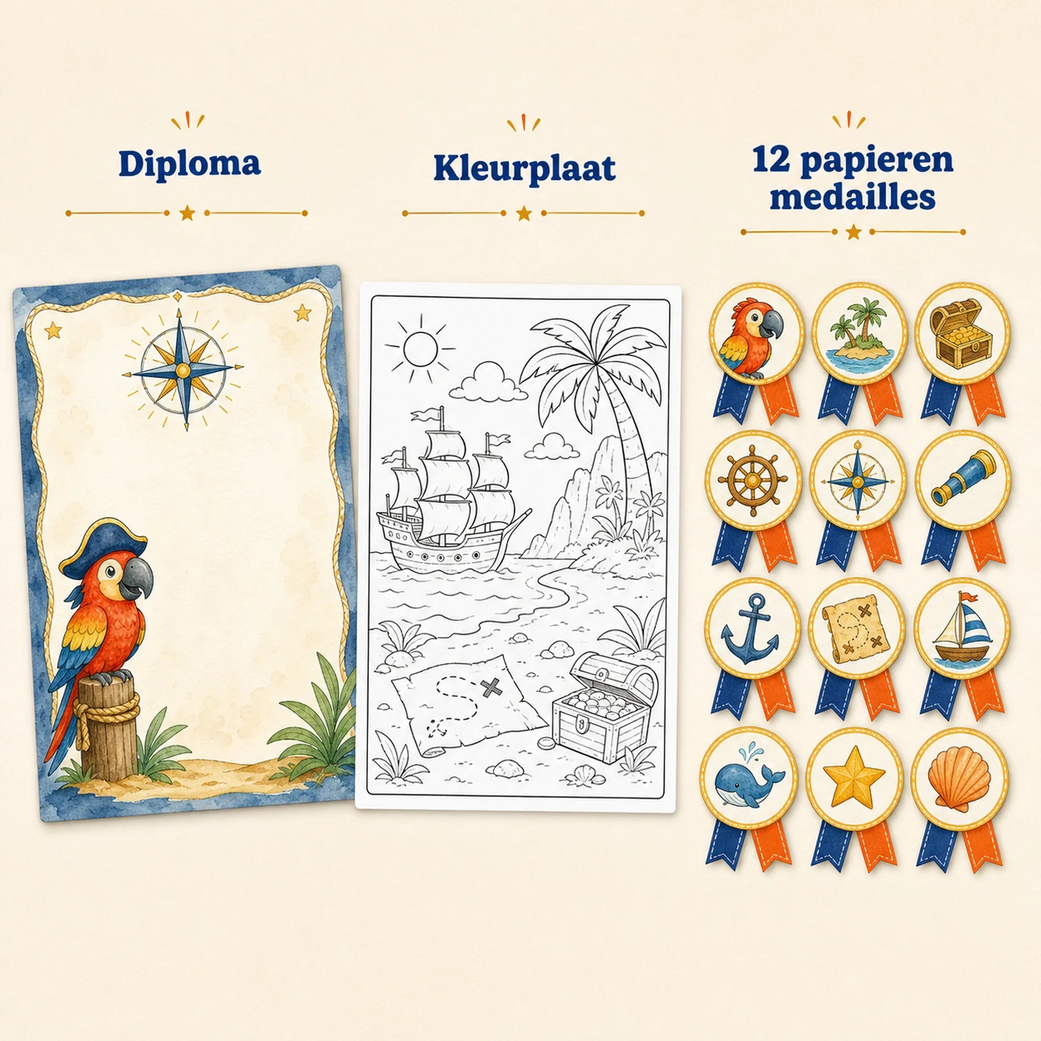 Diploma, kleurplaat en twaalf papieren medailles uit de piraten bingo.