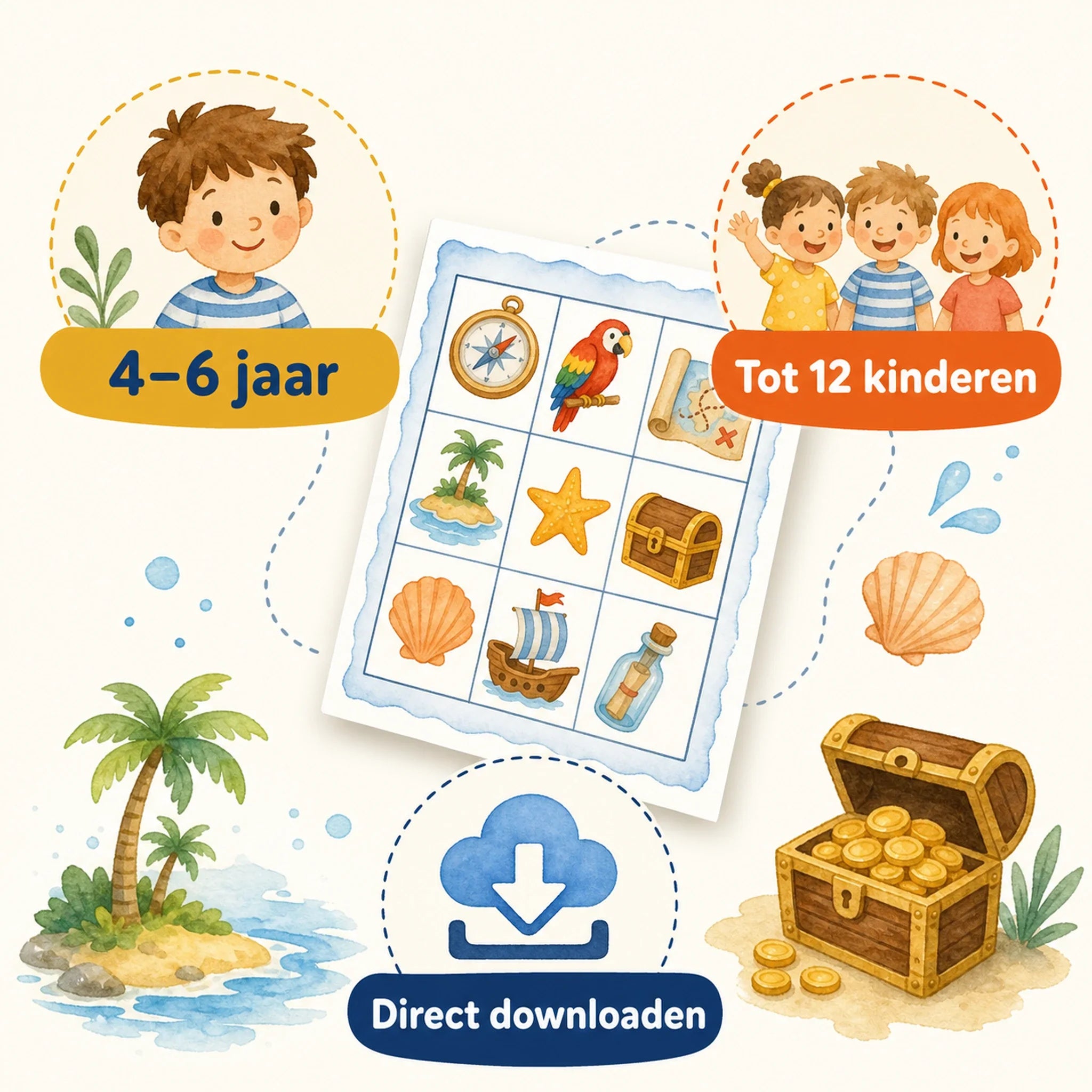 Praktische informatie over de piraten bingo voor kinderen van 4 tot 6 jaar.