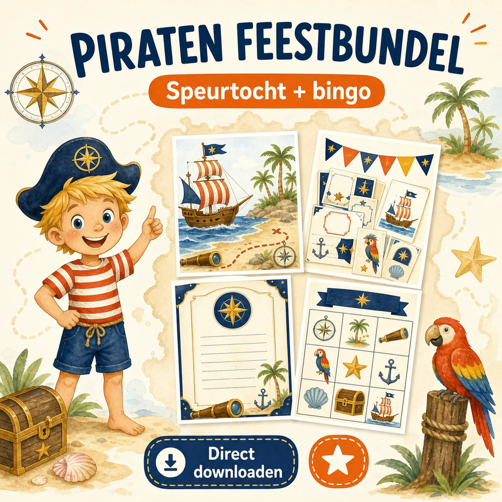 Piraten feestbundel met speurtocht en bingo voor een kinderfeestje.