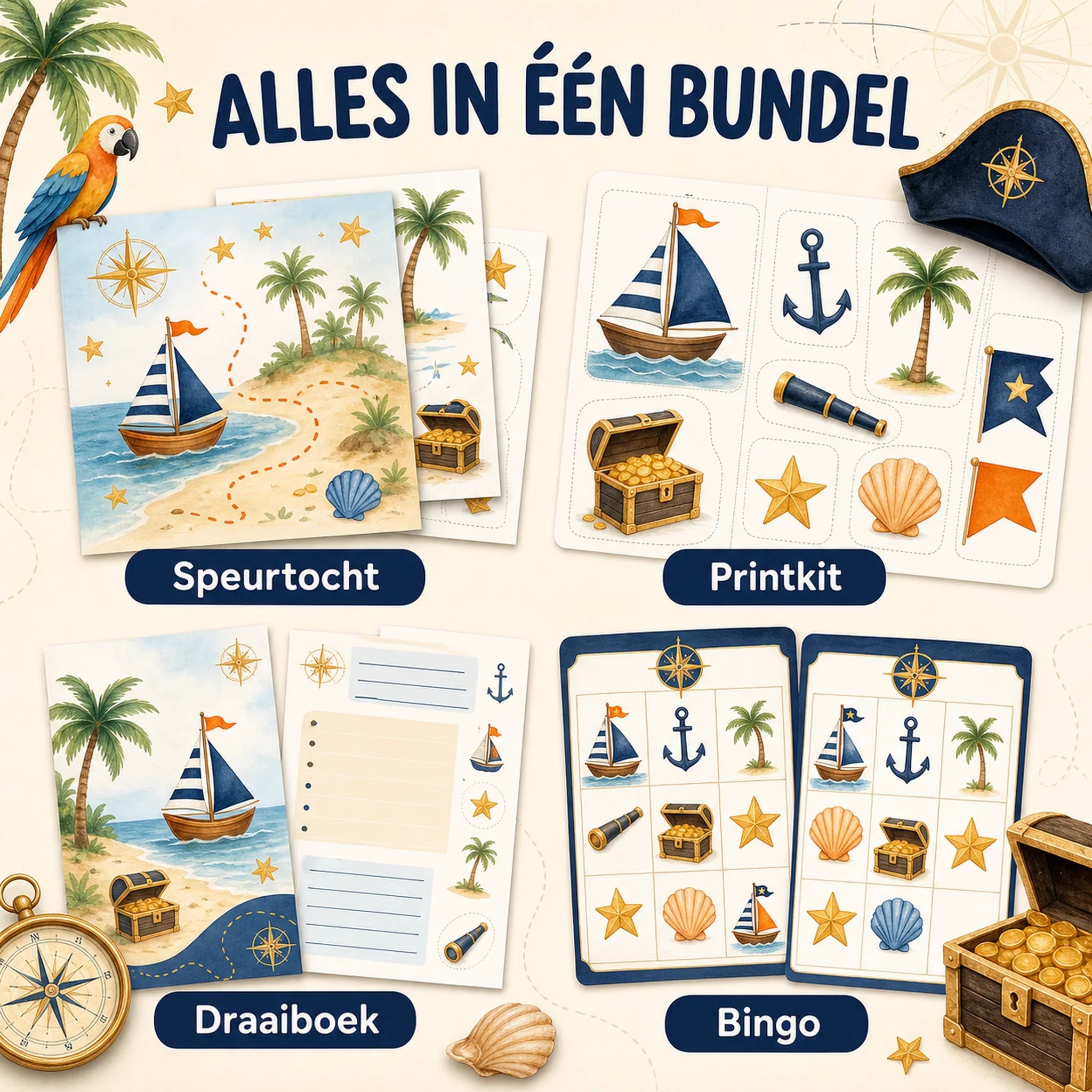 Complete piraten bundel met speurtocht, printkit, draaiboek en bingo.