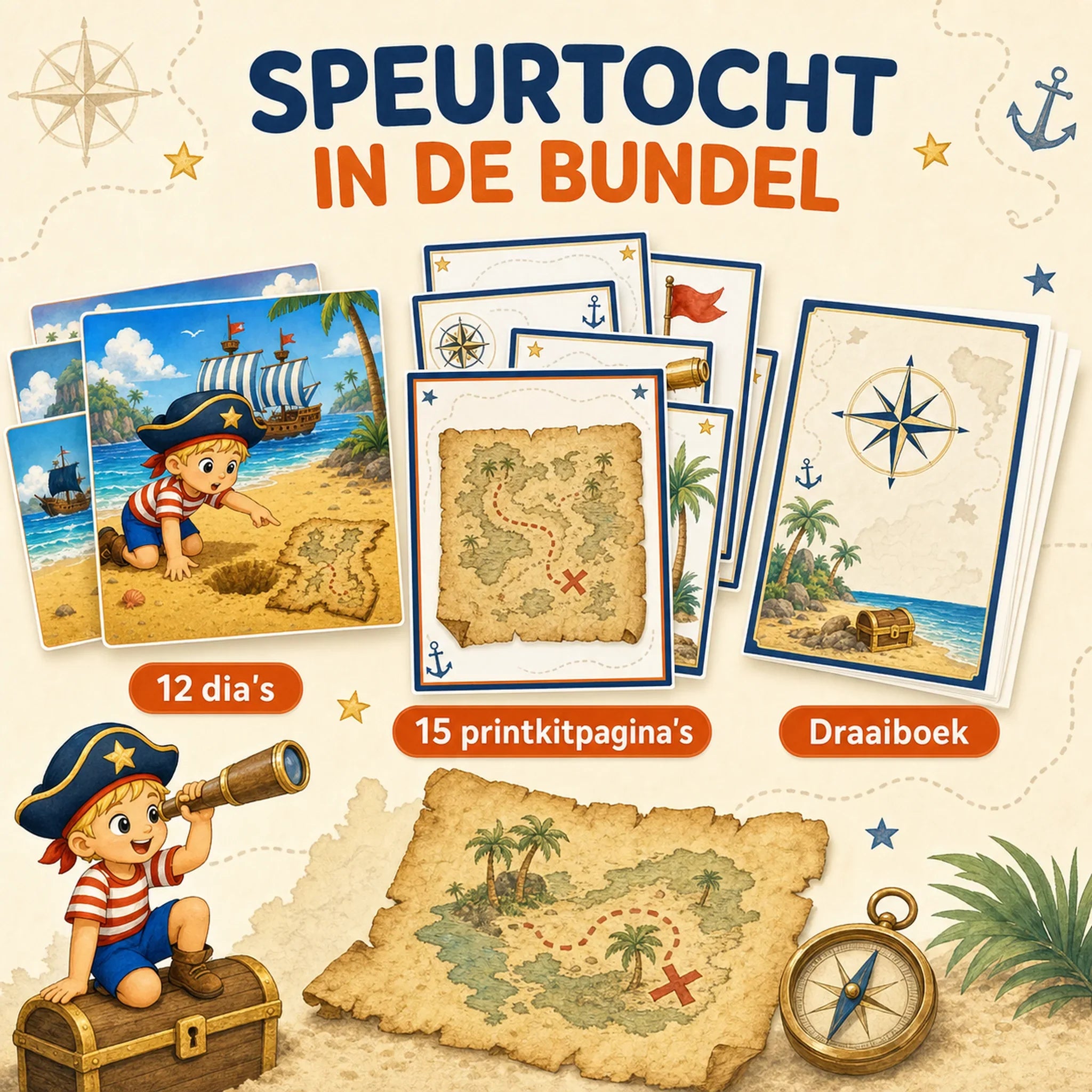 Speurtochtinhoud uit de piraten feestbundel met dia's, printkit en draaiboek.