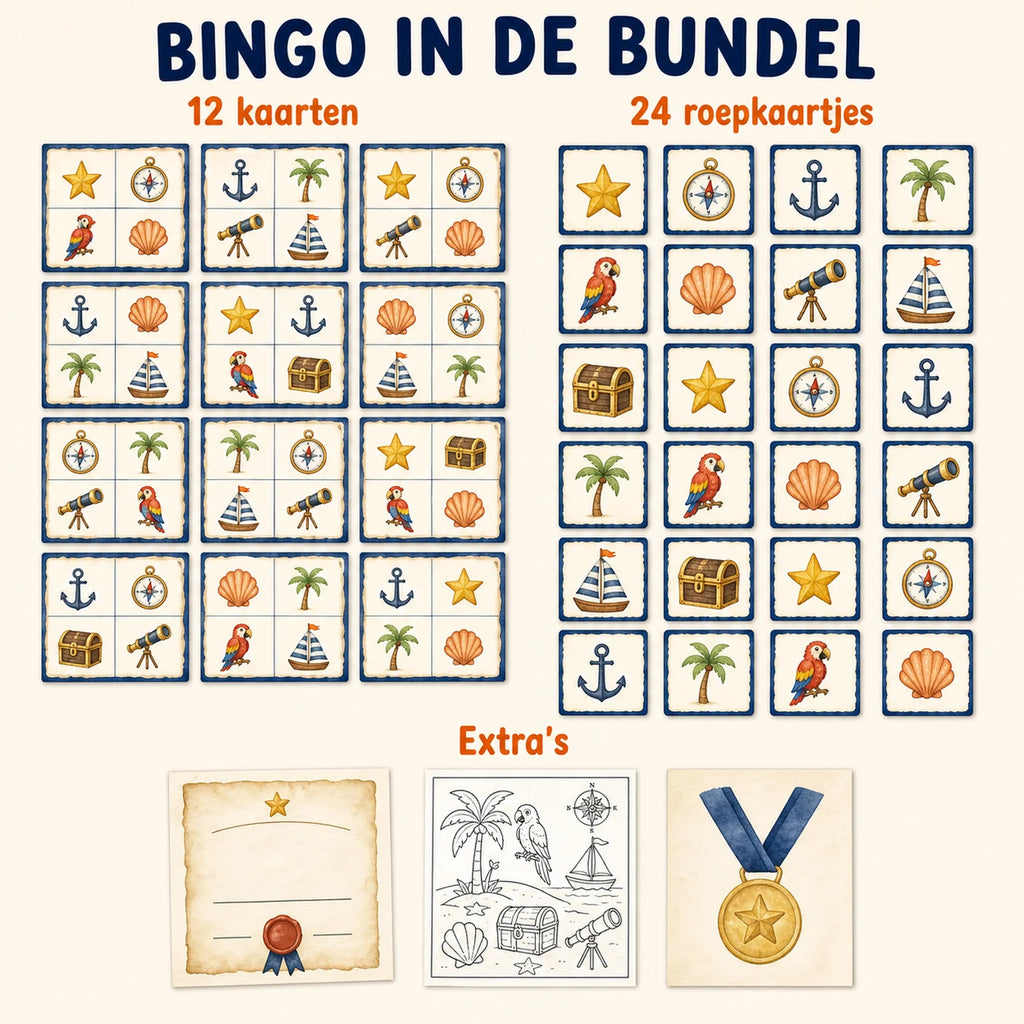 Bingo-inhoud uit de piraten feestbundel met kaarten, roepkaartjes en papieren fiches.
