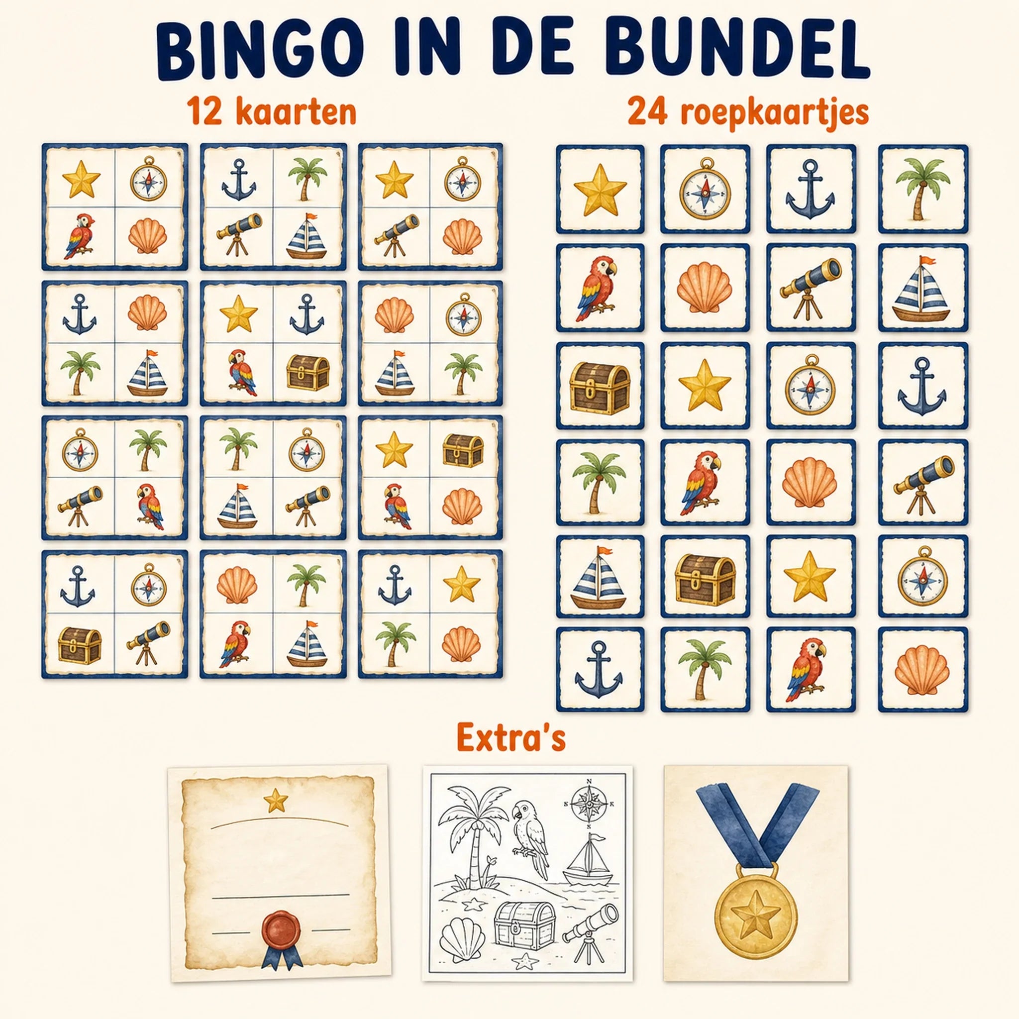 Bingo-inhoud uit de piraten feestbundel met kaarten, roepkaartjes en papieren fiches.
