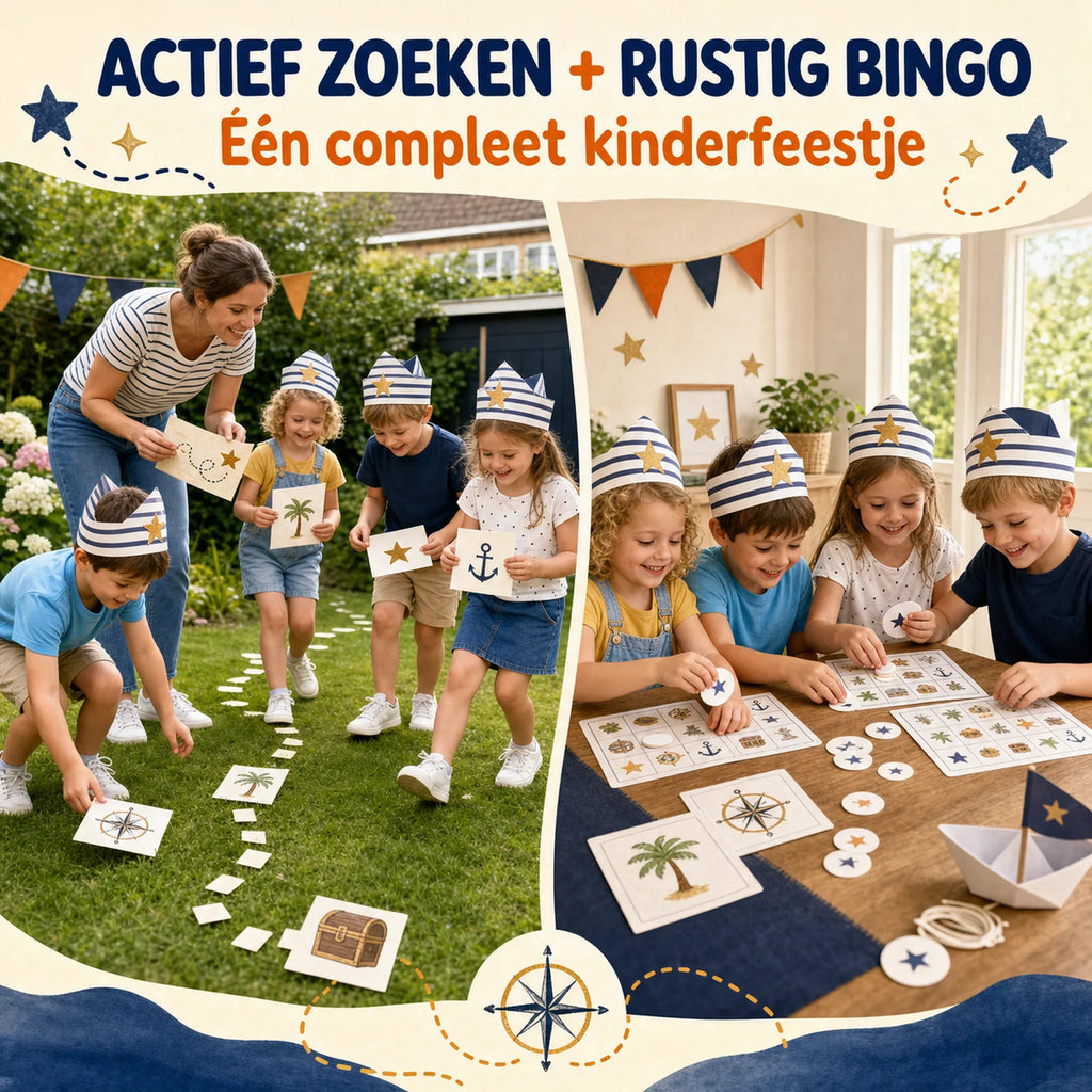 Actieve piraten speurtocht en rustig bingomoment gecombineerd in één kinderfeestje.