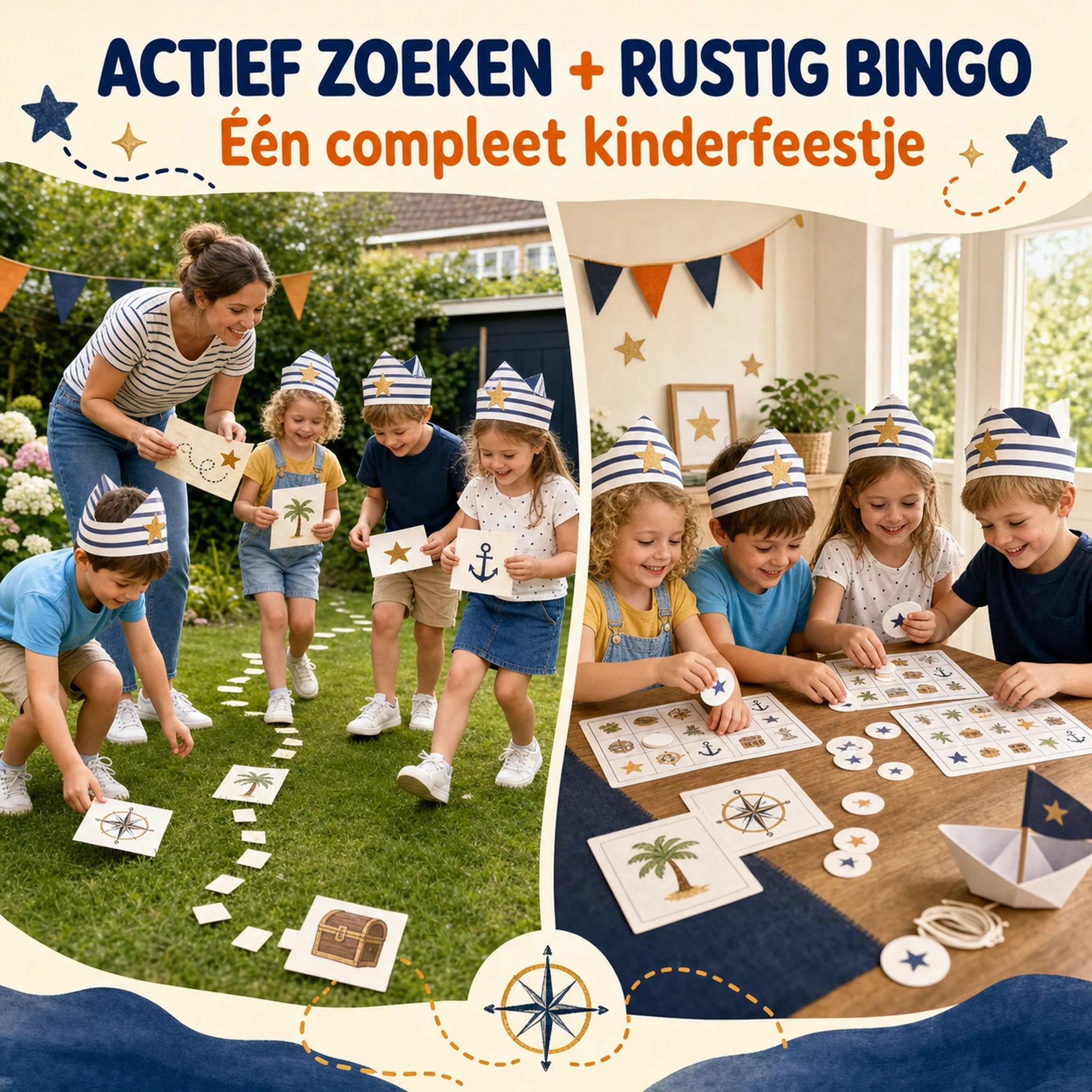 Actieve piraten speurtocht en rustig bingomoment gecombineerd in één kinderfeestje.
