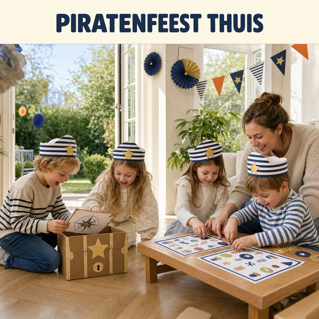 Kinderen spelen met de piraten speurtocht en bingo tijdens een kinderfeestje thuis.