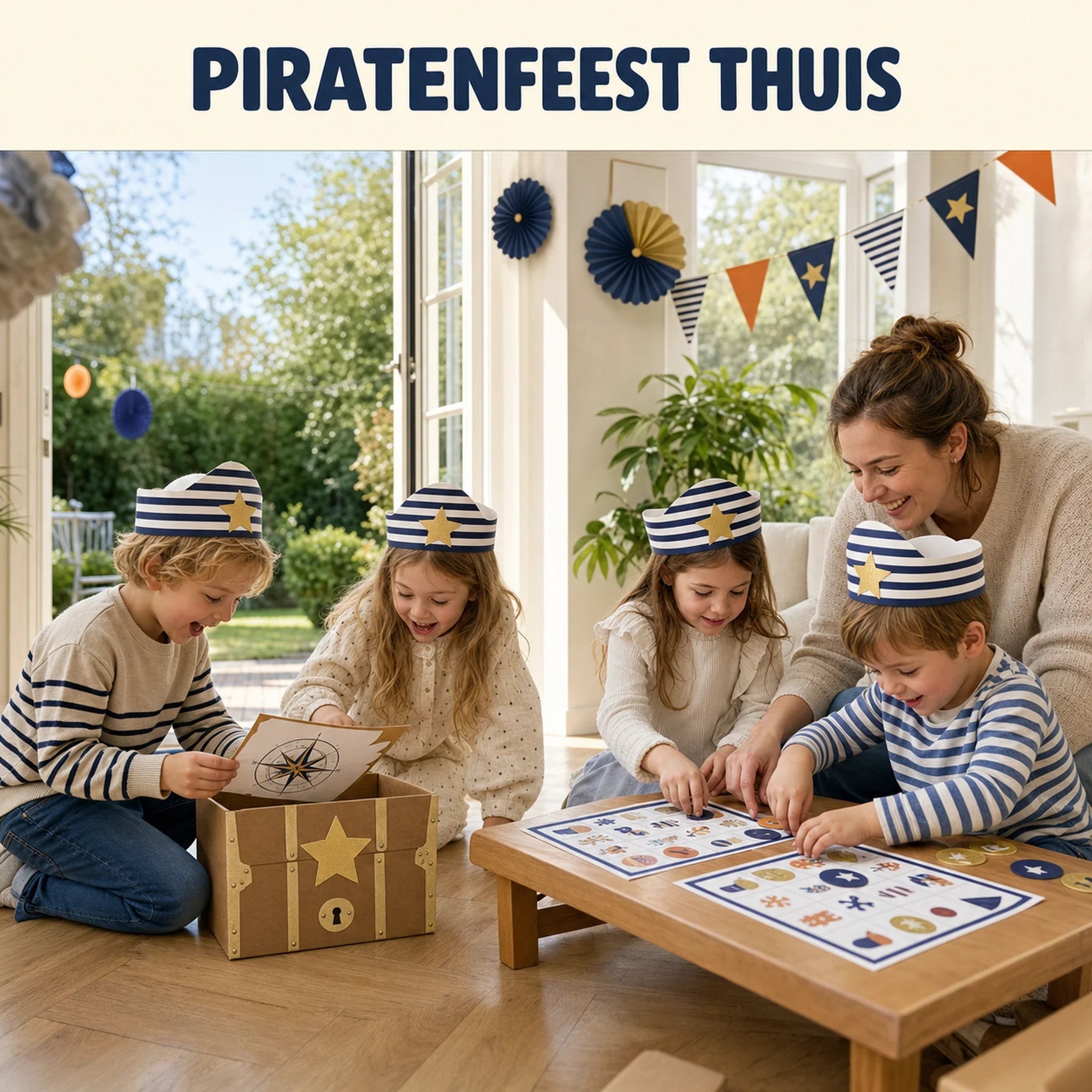 Kinderen spelen met de piraten speurtocht en bingo tijdens een kinderfeestje thuis.