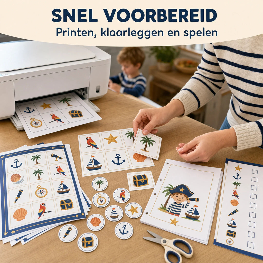 Ouder bereidt de piraten feestbundel voor met geprinte pagina's en een draaiboek.