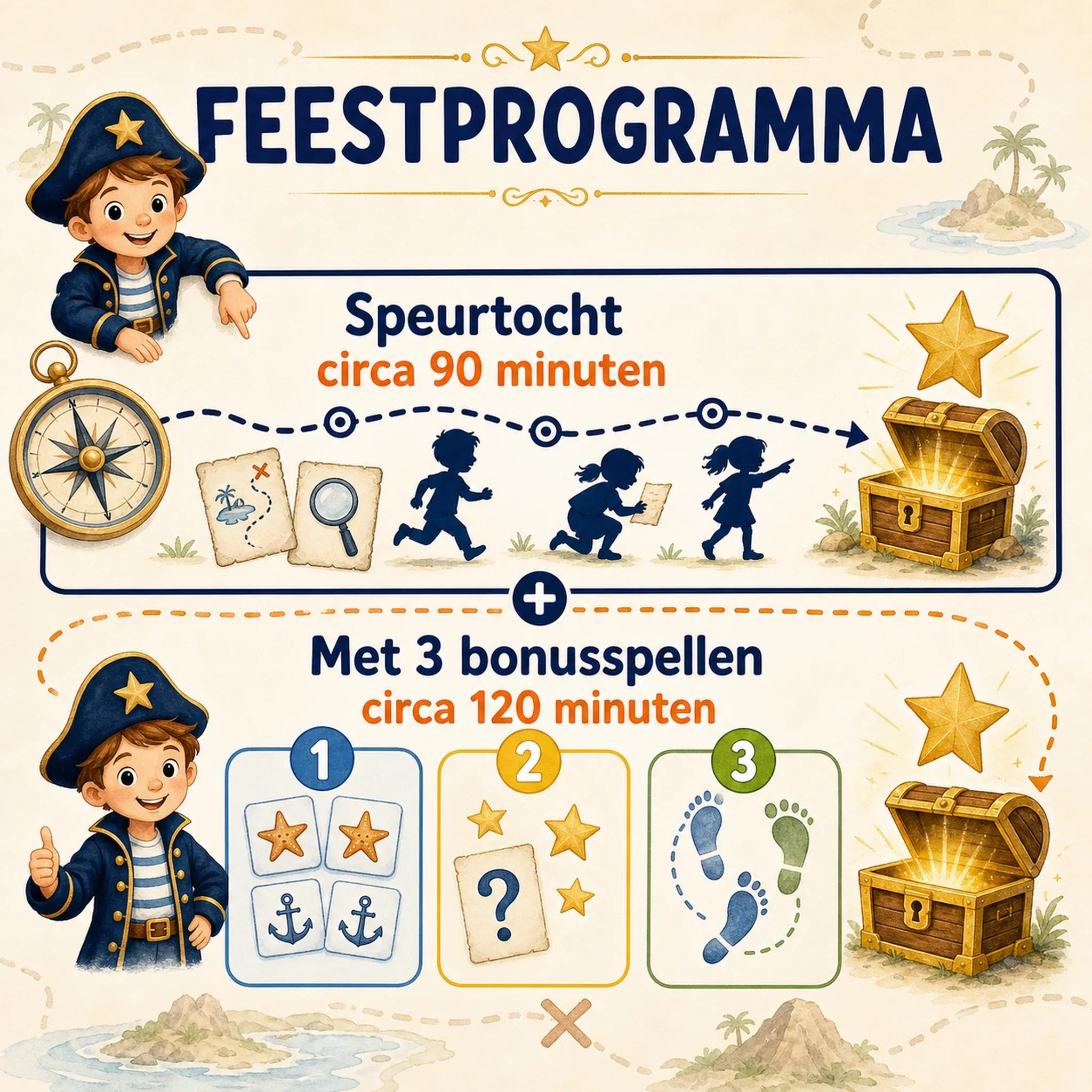 Feestprogramma van de piraten feestbundel met circa 90 minuten speurtocht en circa 120 minuten met bonusspellen.