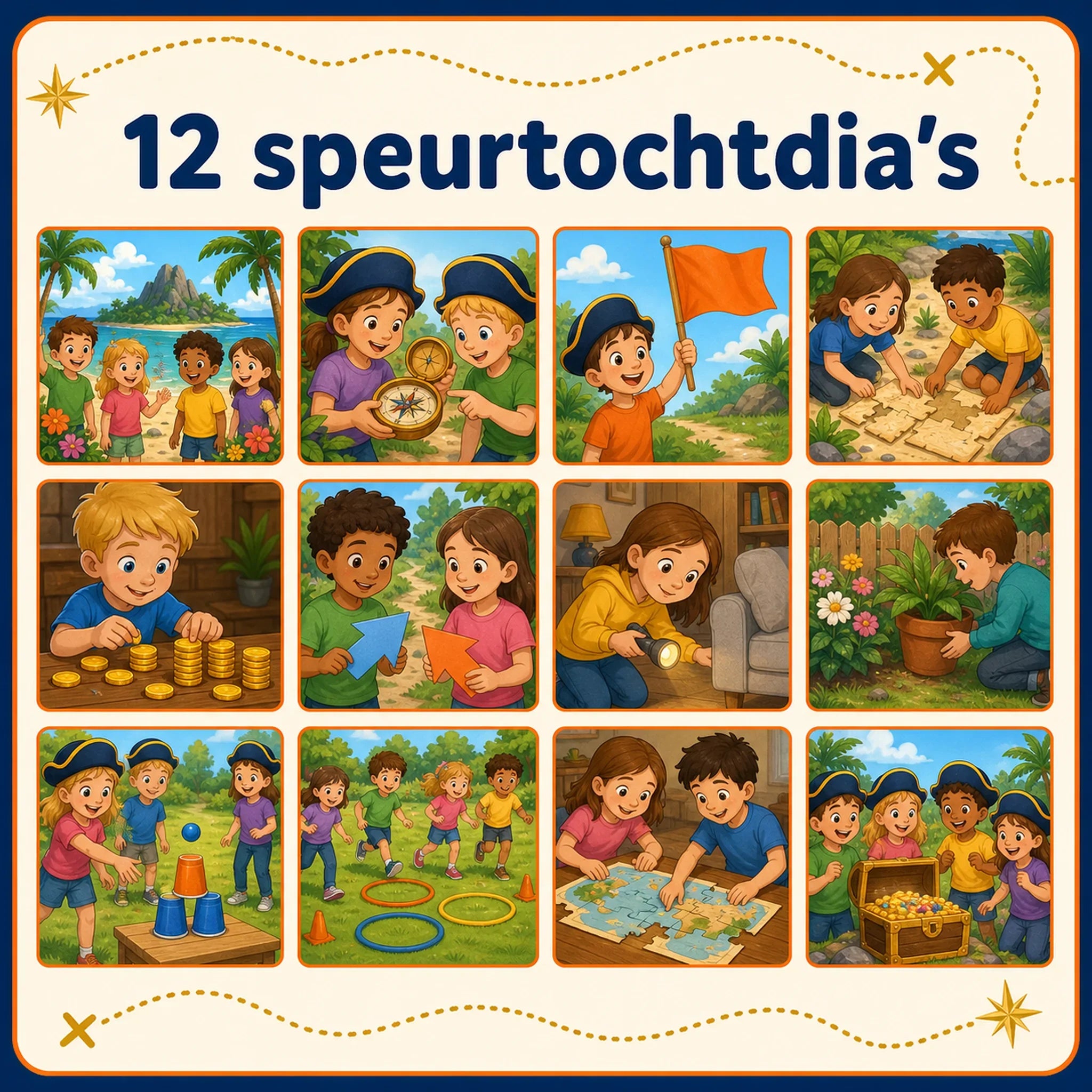 Voorbeelden van echte dia's uit de piraten speurtocht voor kinderen van 4 tot 6 jaar.