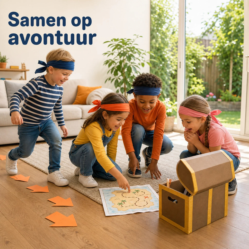 Kinderen spelen met geprinte piraten speurtochtmaterialen tijdens een kinderfeestje thuis.