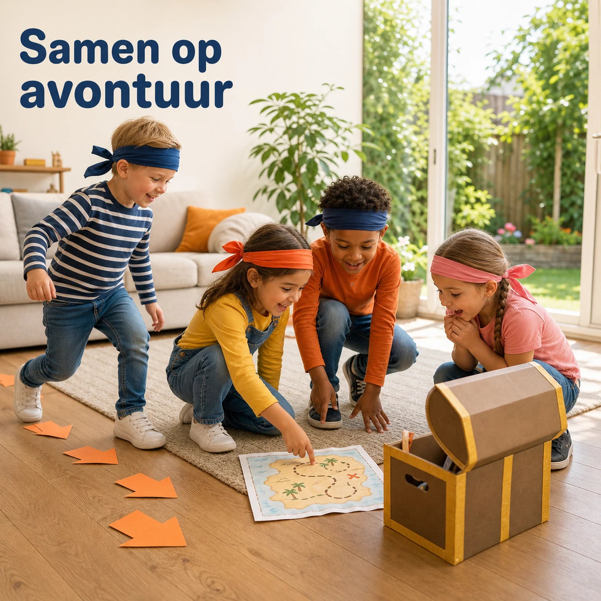 Kinderen spelen met geprinte piraten speurtochtmaterialen tijdens een kinderfeestje thuis.