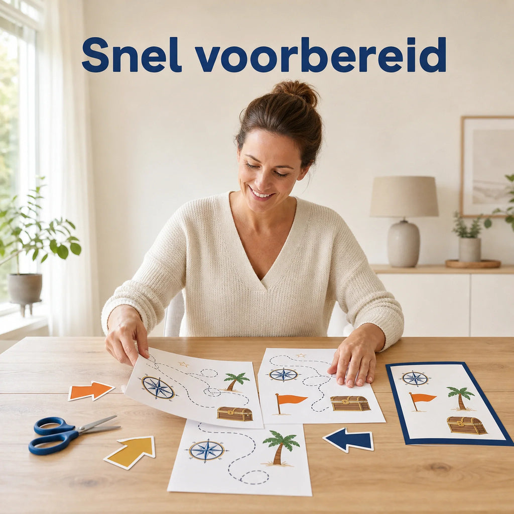 Ouder bereidt de piraten speurtocht voor met geprinte pagina's, schaar en draaiboek.
