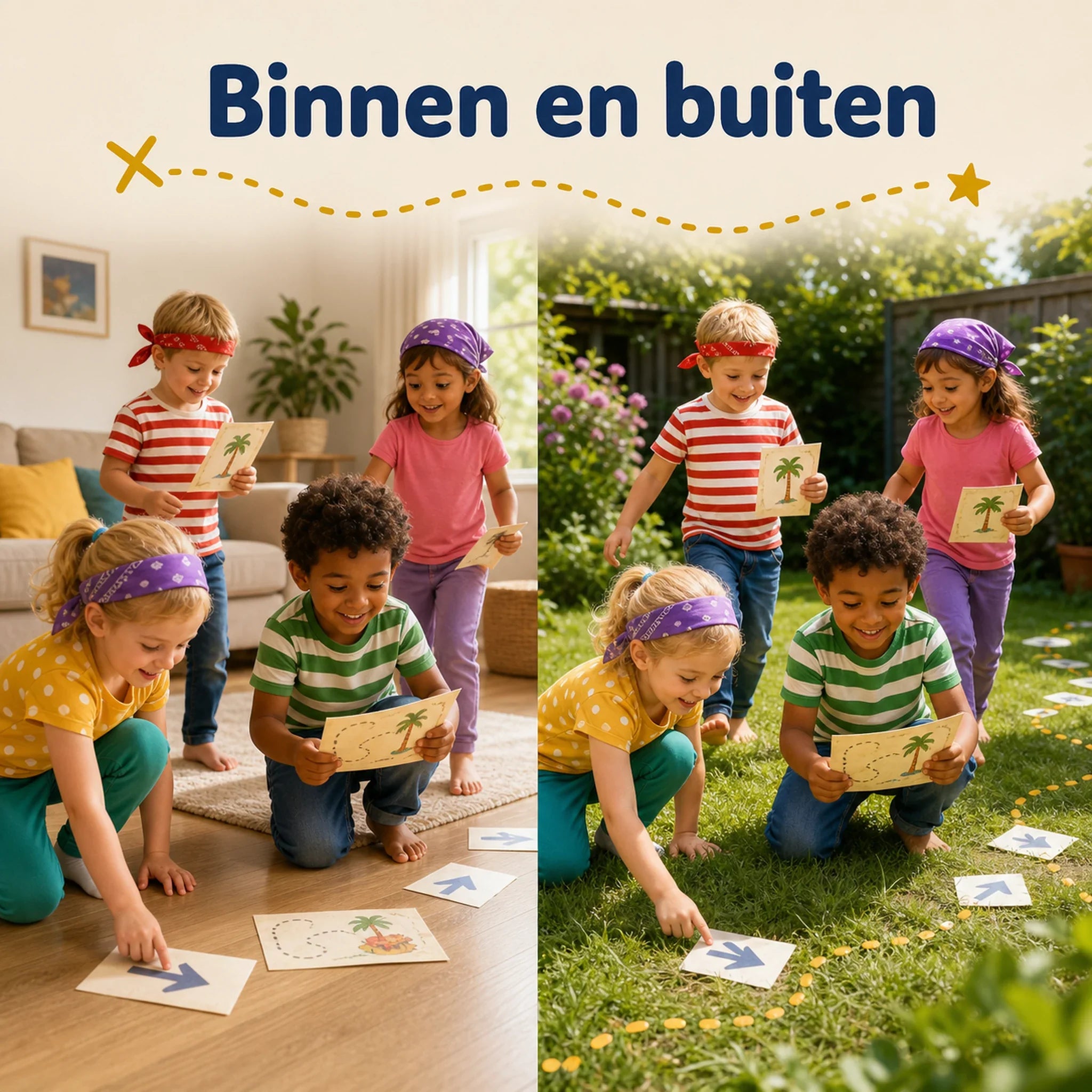 Kinderen spelen de piraten speurtocht binnen en buiten met dezelfde geprinte materialen.