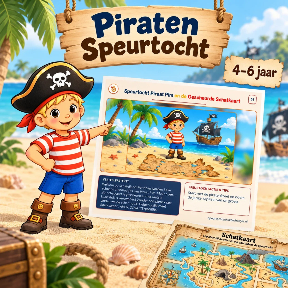 Kinderen spelen samen de Piraat Pim speurtocht in de tuin