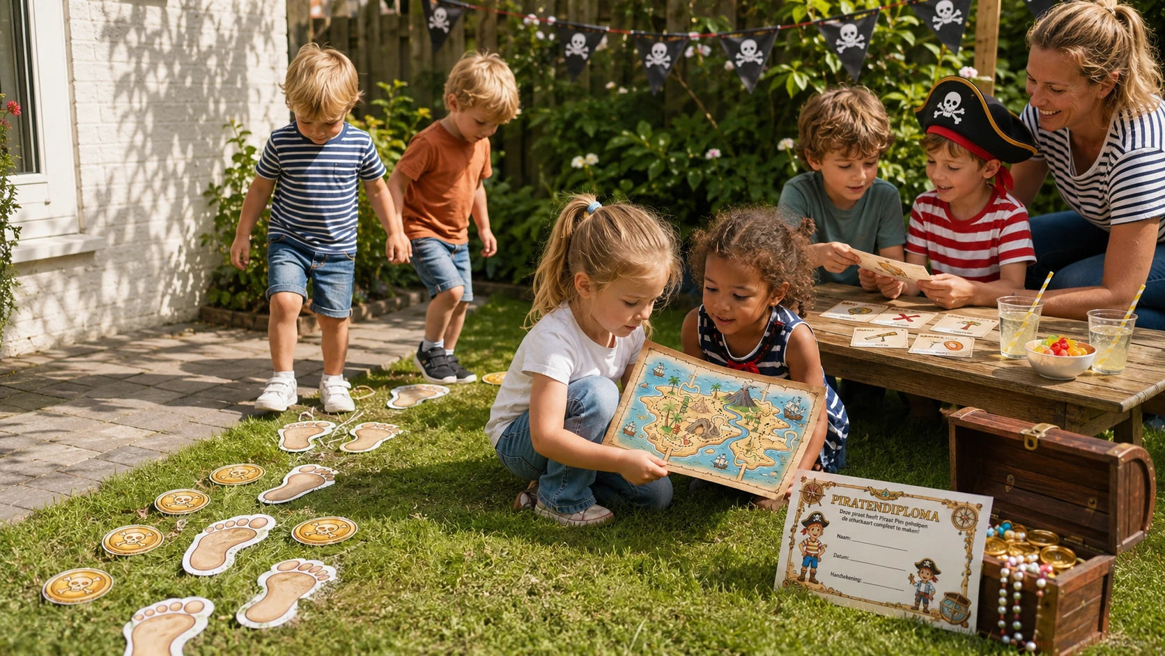 Kinderen van 4 tot 6 jaar spelen buiten een piraten-speurtocht met voetsporen, schatkaart en Piraat Pim-printables.