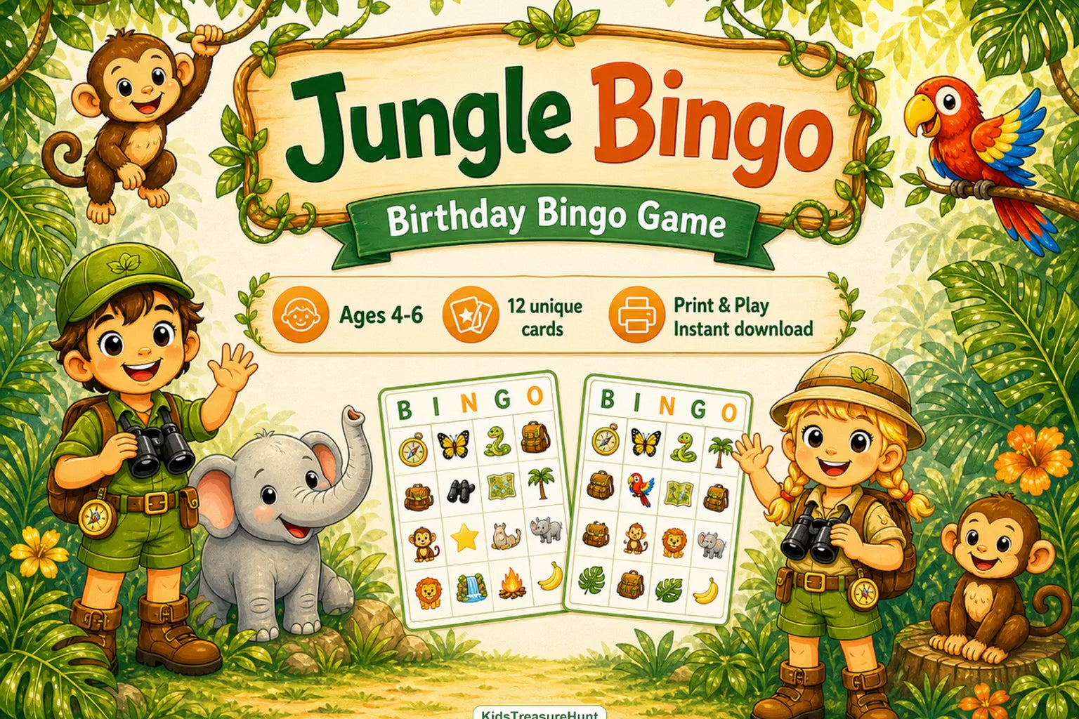 Jungle Bingo Kinderfeestje 4, 5 & 6 jaar | Printbare Jungle Spelletjes