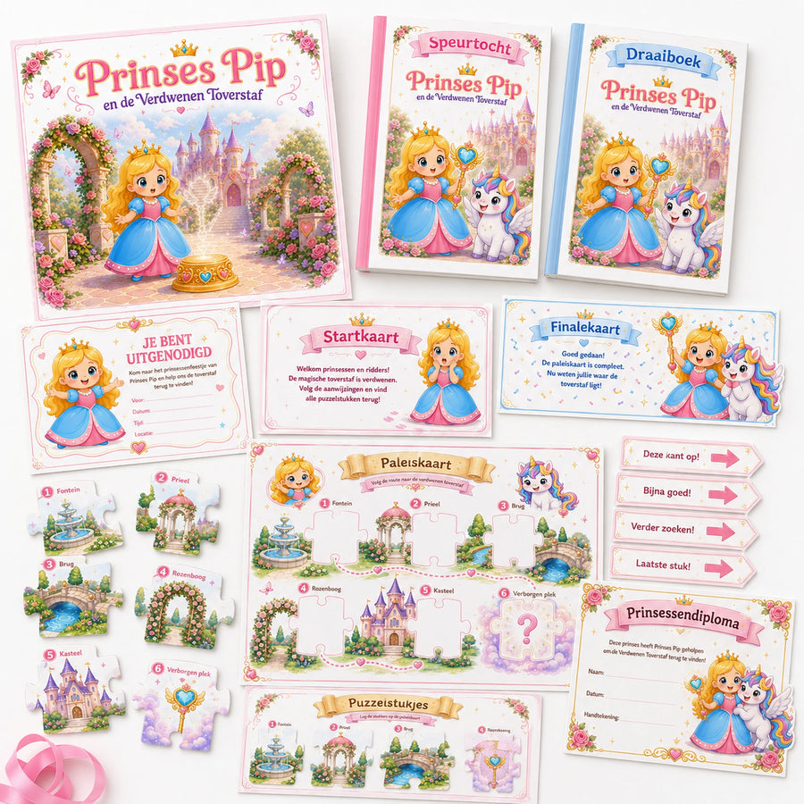 Compleet pakket van de Prinsessen speurtocht met presentatie, printkit en draaiboek.