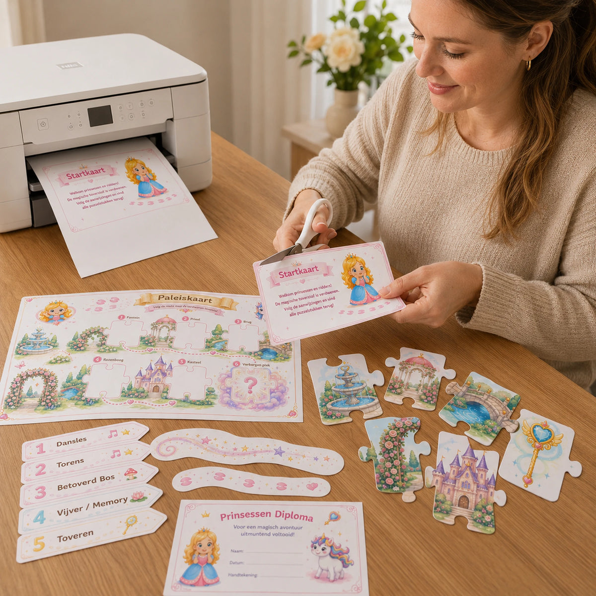 Ouder bereidt de Prinsessen speurtocht voor door de materialen te printen.