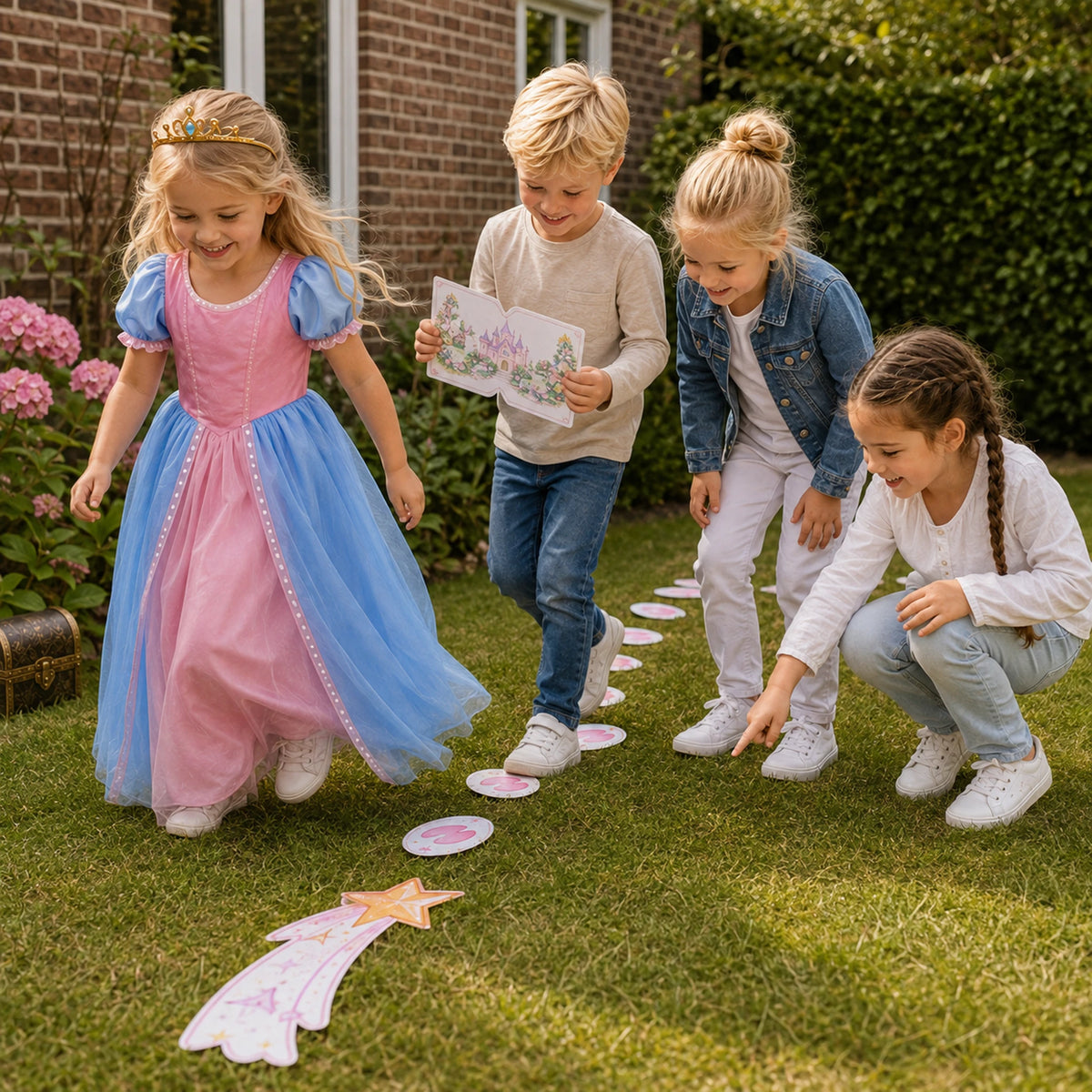 Kinderen spelen de Prinsessen speurtocht met actieve opdrachten.