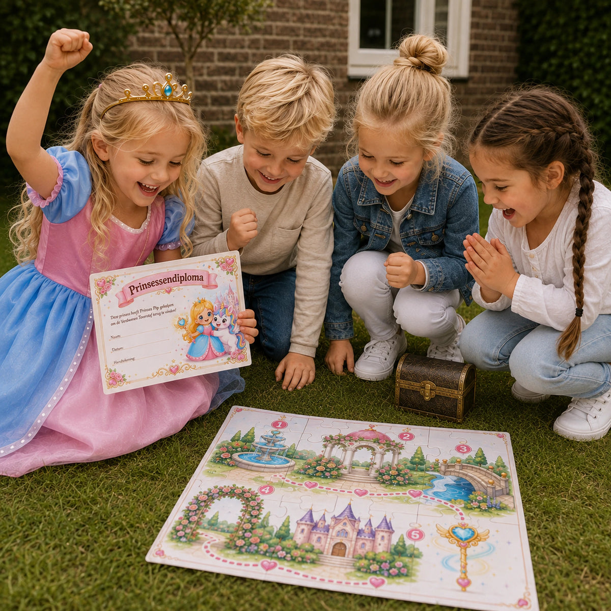 Finale van de Prinsessen speurtocht met diploma voor de kinderen.