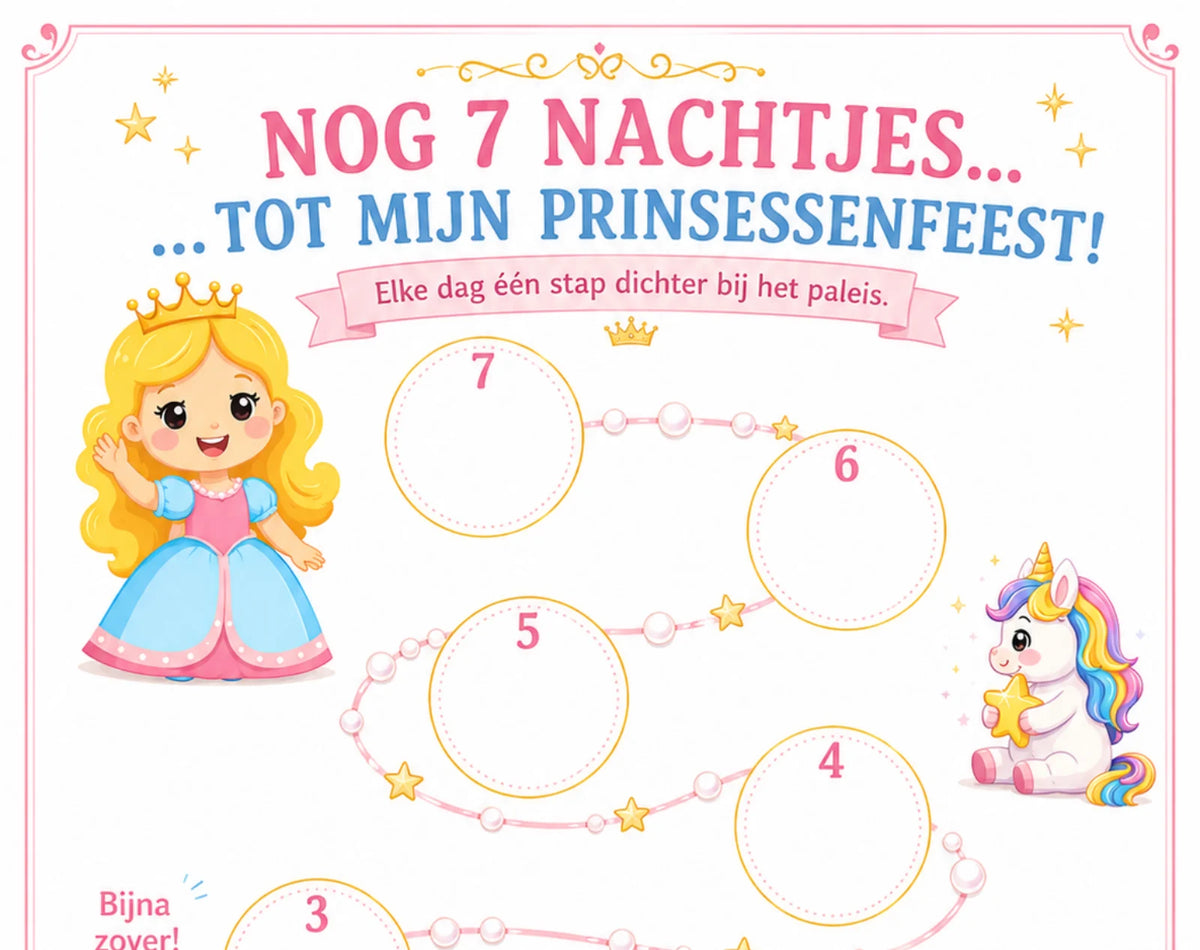 Close-up van de Prinsessen aftelkalender: nog 7 nachtjes tot het prinsessenfeest
