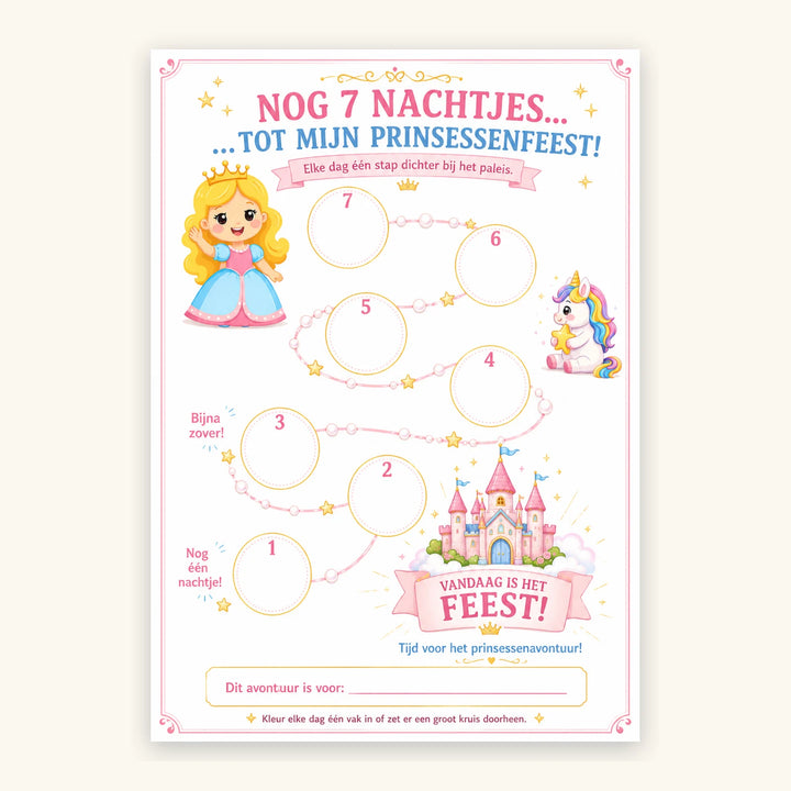 Prinsessen aftelkalender voor een kinderfeestje - printbare kalender