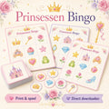 Prinsessen bingo voor een kinderfeestje met bingokaarten, roepkaartjes en papieren fiches.