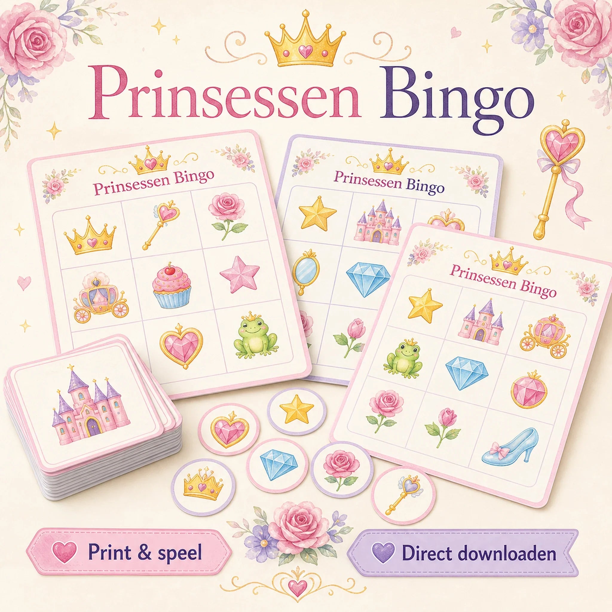 Prinsessen bingo voor een kinderfeestje met bingokaarten, roepkaartjes en papieren fiches.