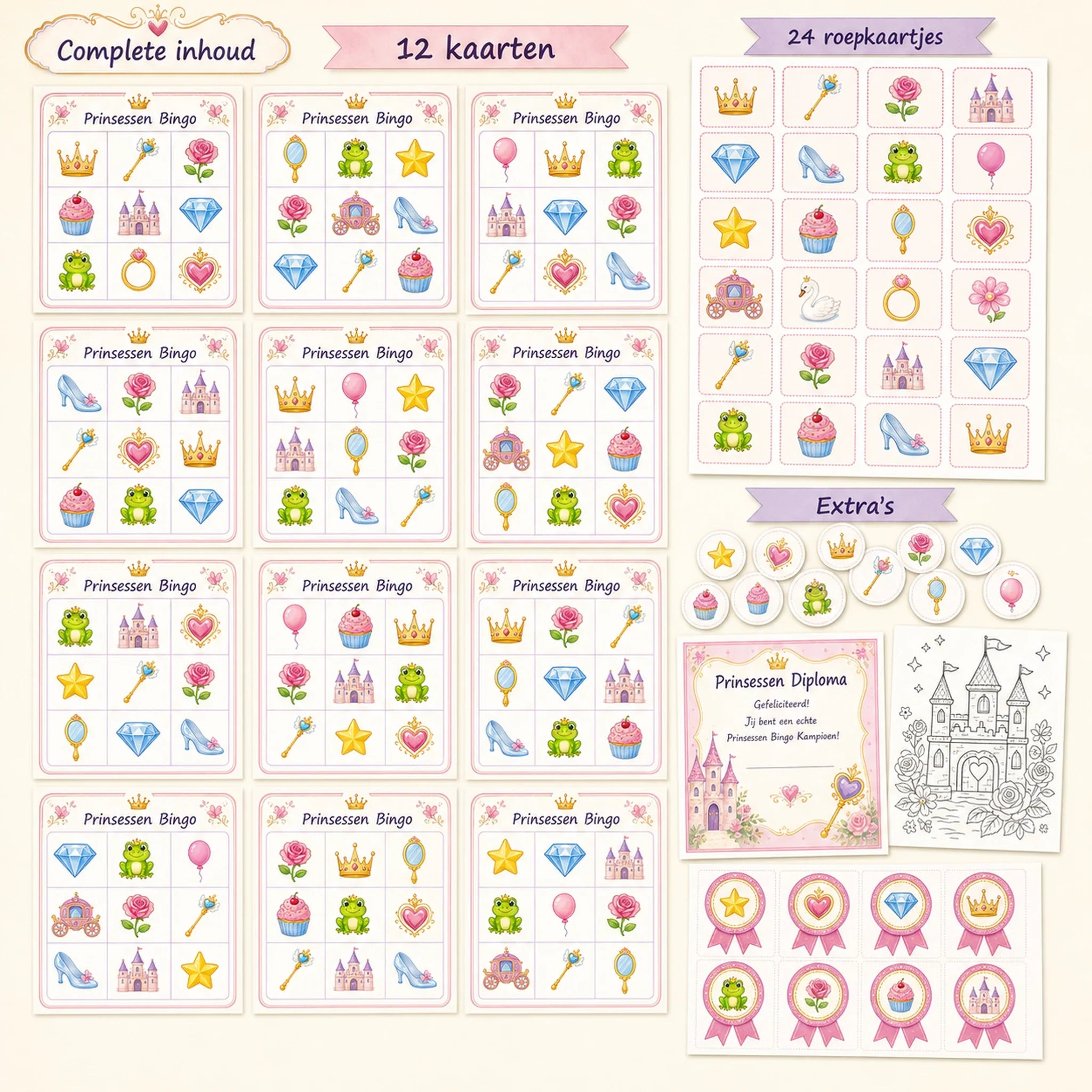 Complete inhoud van de prinsessen bingo met kaarten, roepkaartjes, fiches en extra's.
