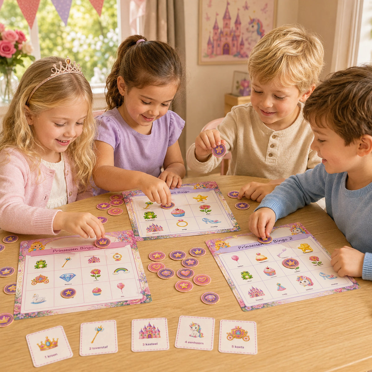 Kinderen spelen samen de Prinsessen bingo aan tafel.