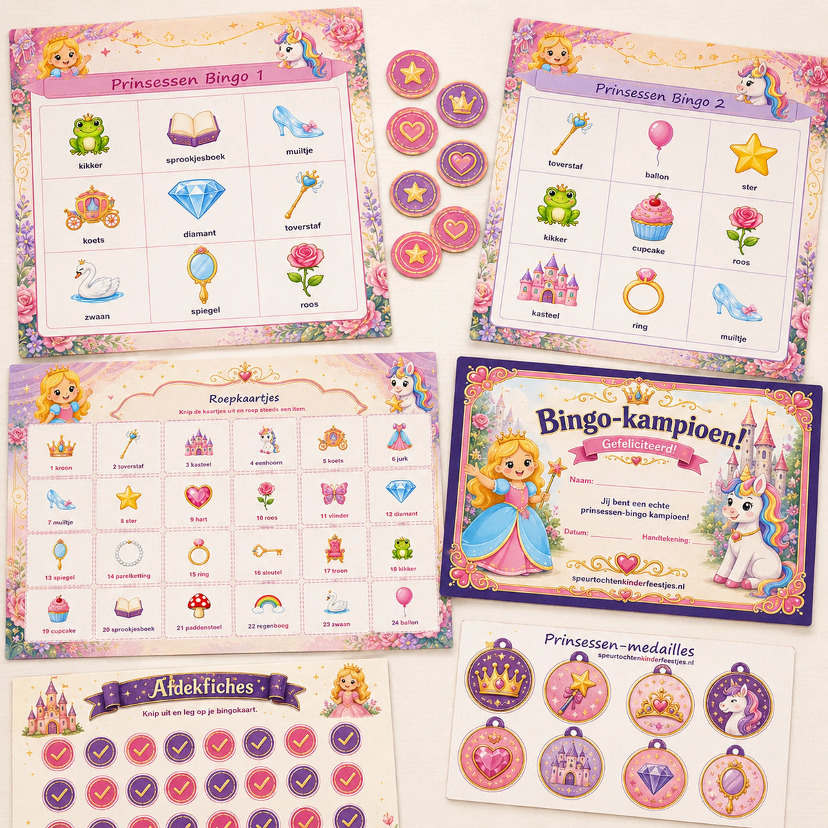 Complete inhoud van de Prinsessen bingo met kaarten en spelmateriaal.